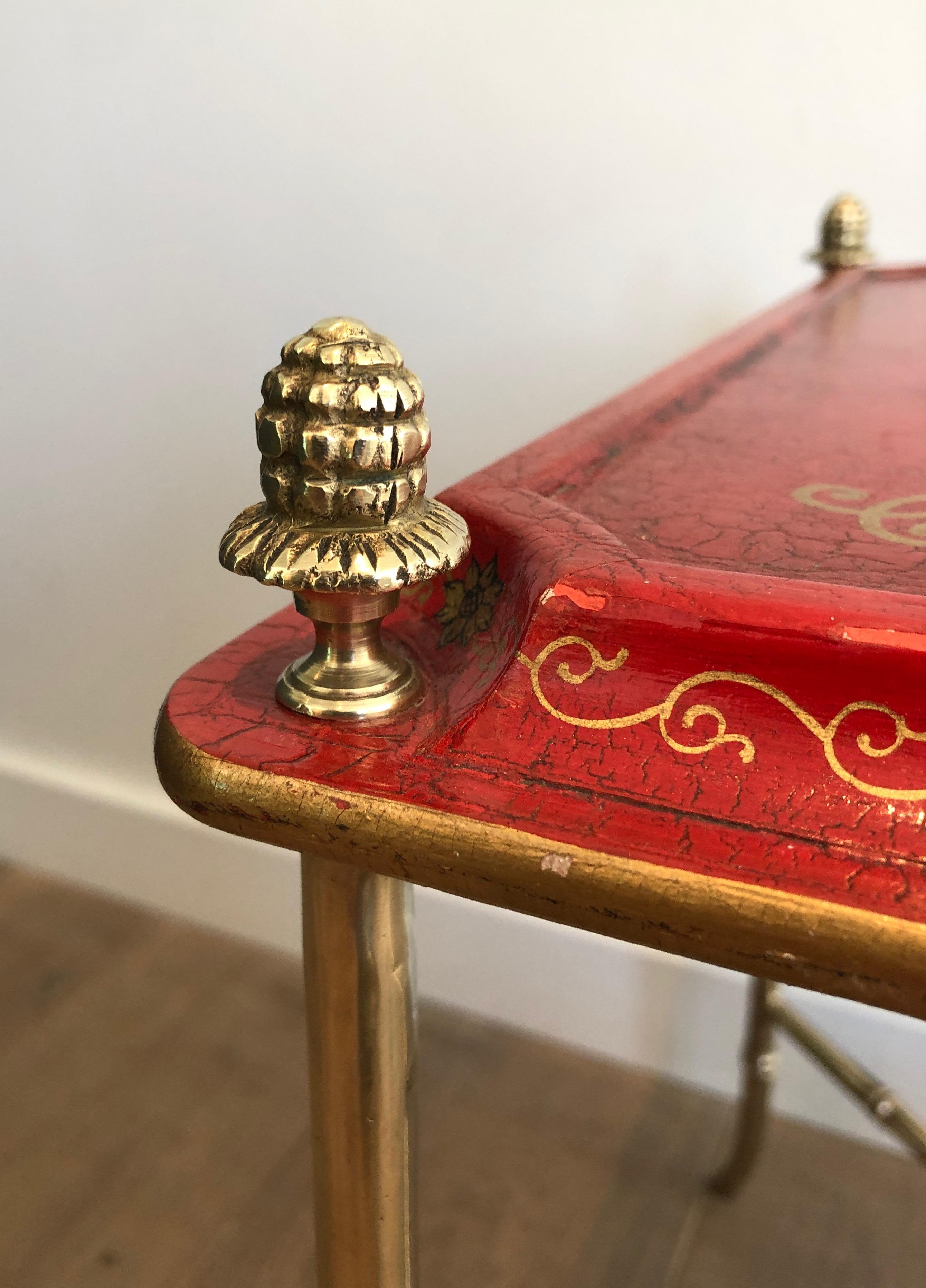 Mid-20th Century Faux-Bamboo Bronze Side Table with Red Lacquered and Gilt Decor Top, circa 1940