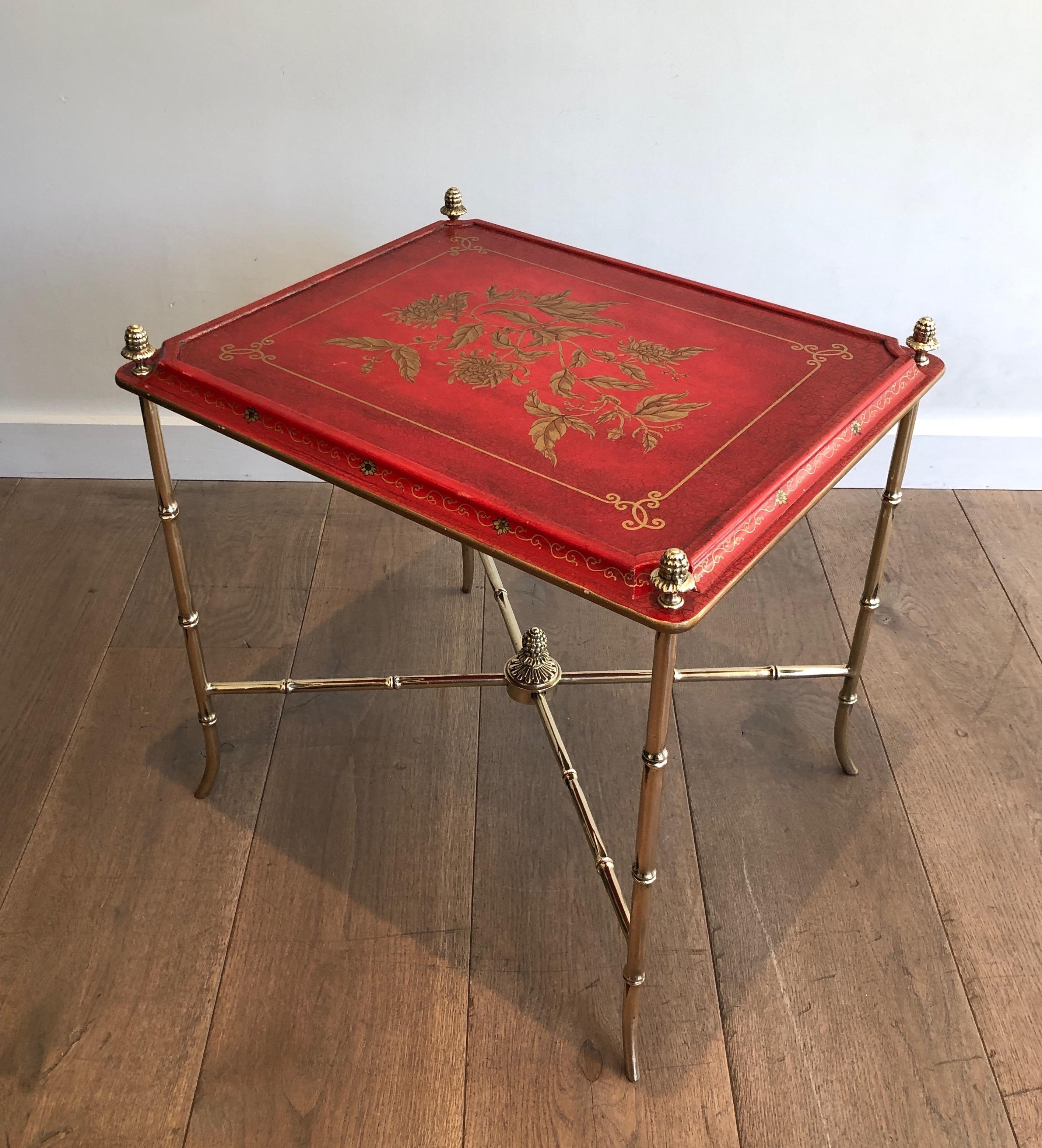 Faux-Bamboo Bronze Side Table with Red Lacquered and Gilt Decor Top, circa 1940 1