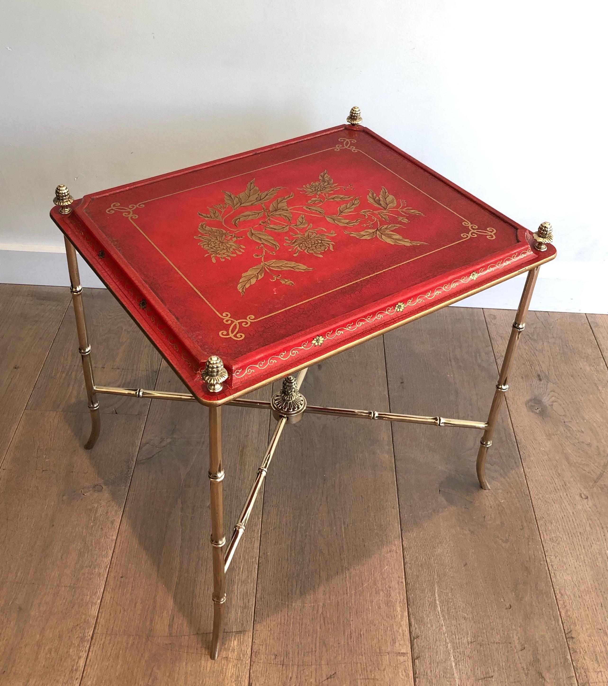 Faux-Bamboo Bronze Side Table with Red Lacquered and Gilt Decor Top, circa 1940 2