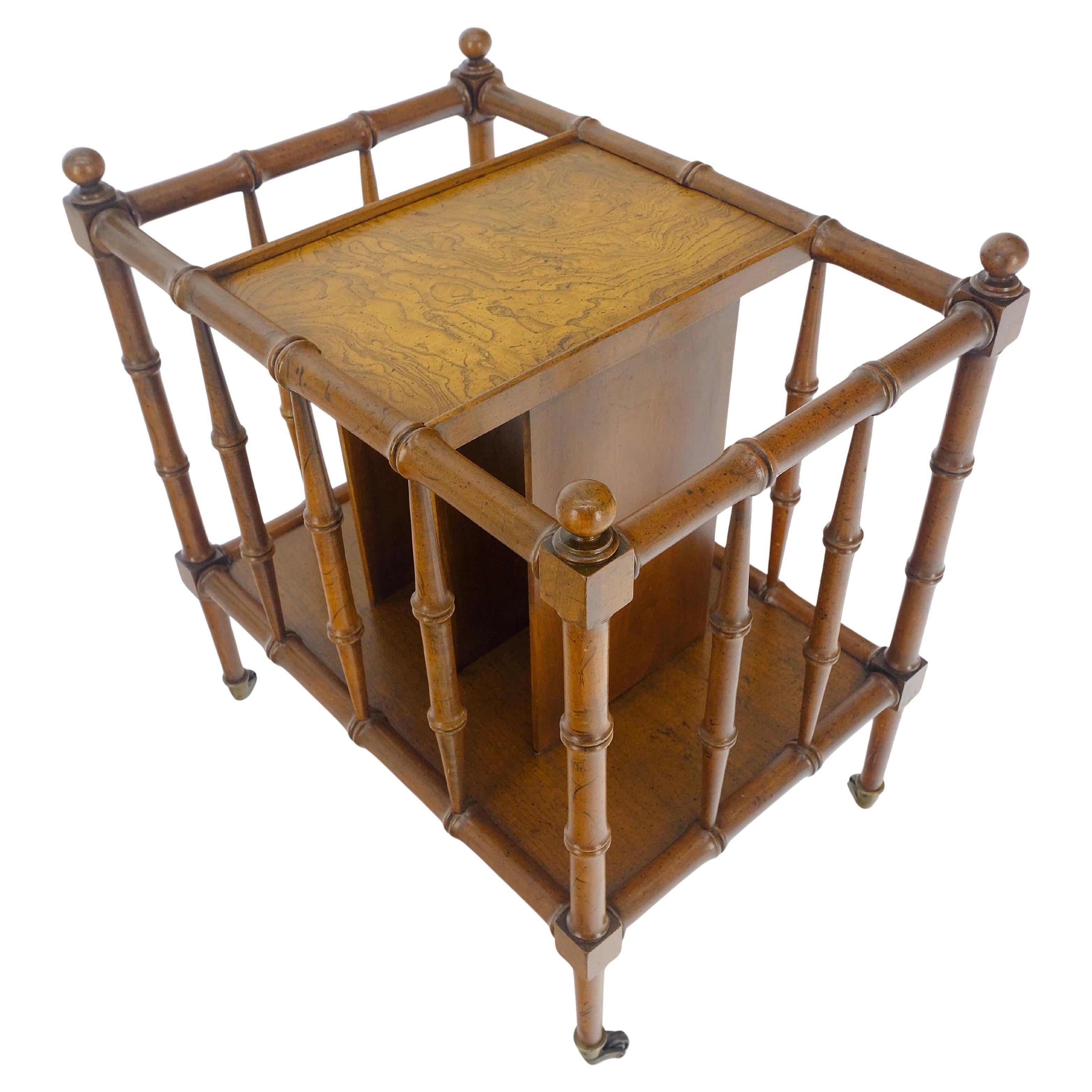 Faux Bamboo 
Burl Canterbury Magazine Rack Stand Table on Brass Wheels MINT!