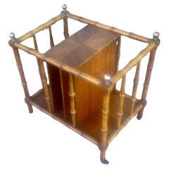 Faux Bamboo Burl Wood Walnut & Brass Canterbury Magazine Rack on Casters