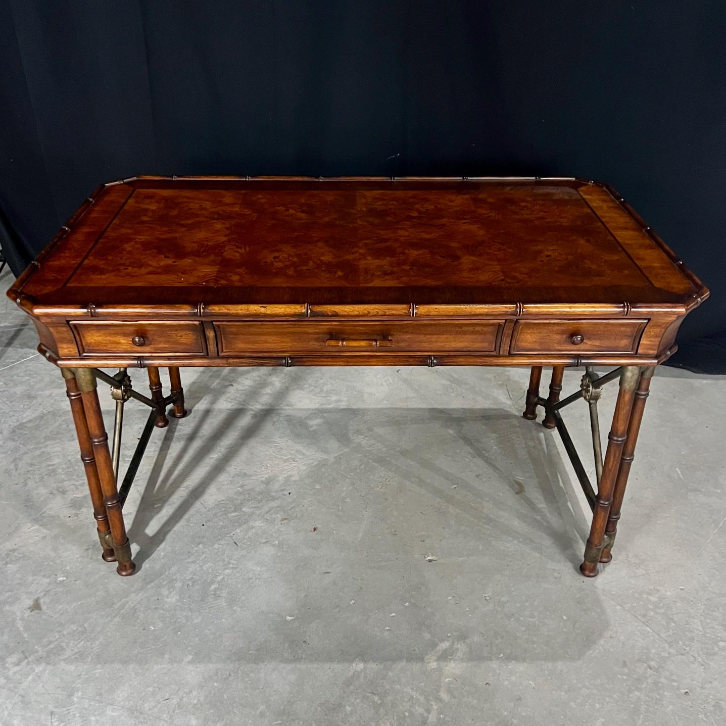 Faux Bamboo Campaign Style Burlwood Desk or Writing Table For Sale 4