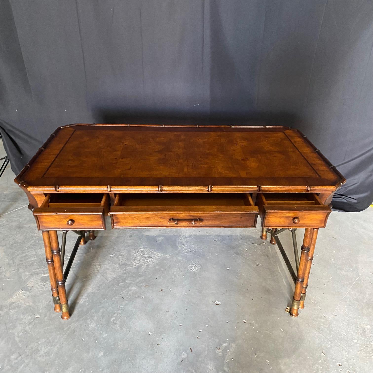 Faux Bamboo Campaign Style Burlwood Desk or Writing Table 9