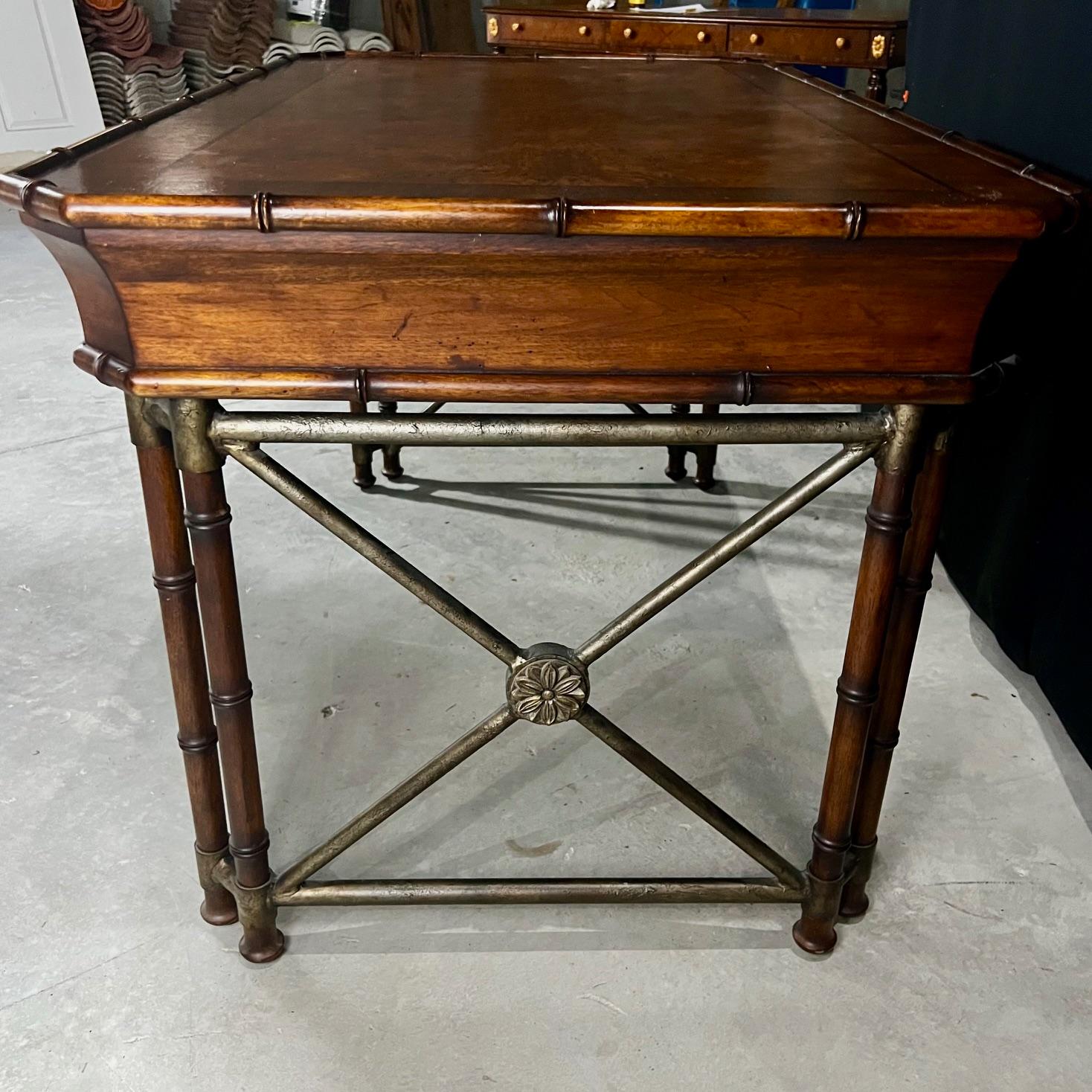 Late 20th Century Faux Bamboo Campaign Style Burlwood Desk or Writing Table For Sale