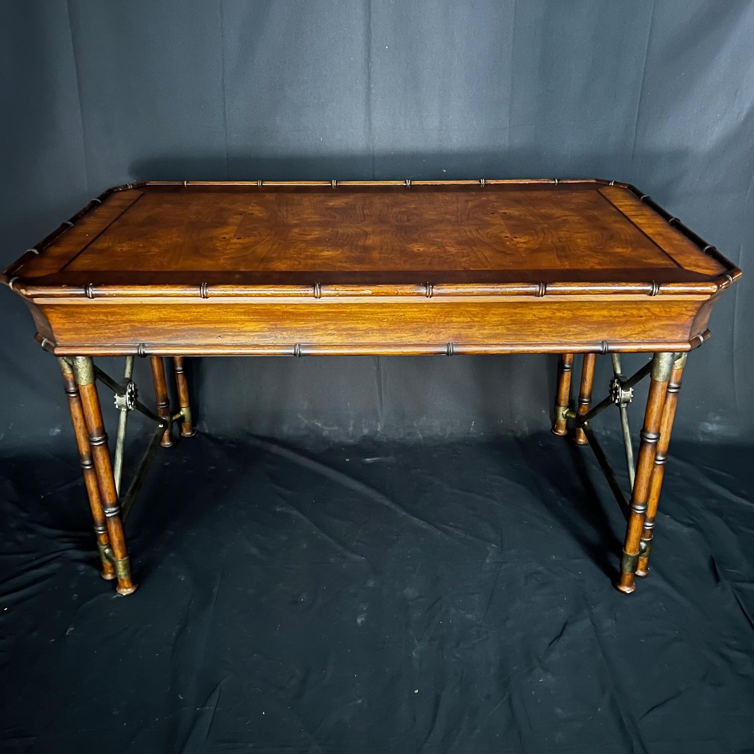 Faux Bamboo Campaign Style Burlwood Desk or Writing Table  For Sale 2