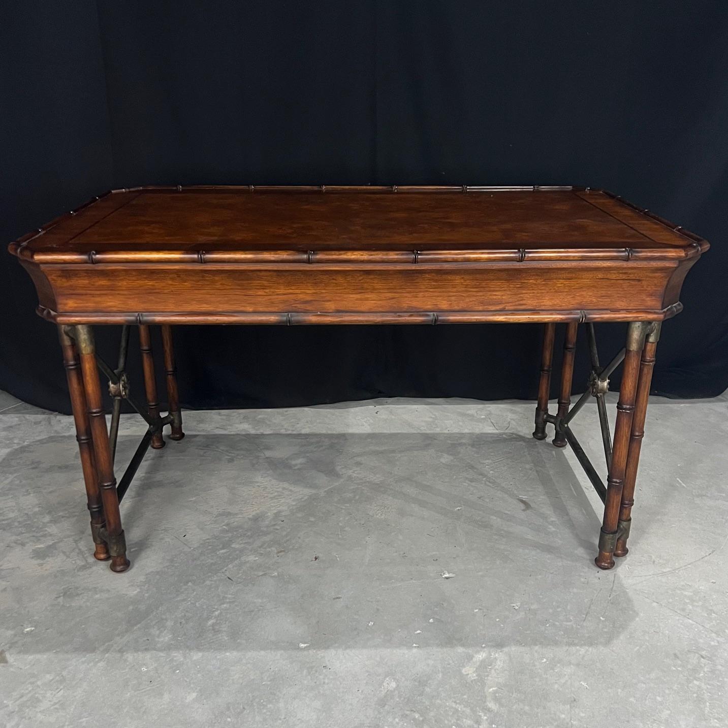 Faux Bamboo Campaign Style Burlwood Desk or Writing Table For Sale 2