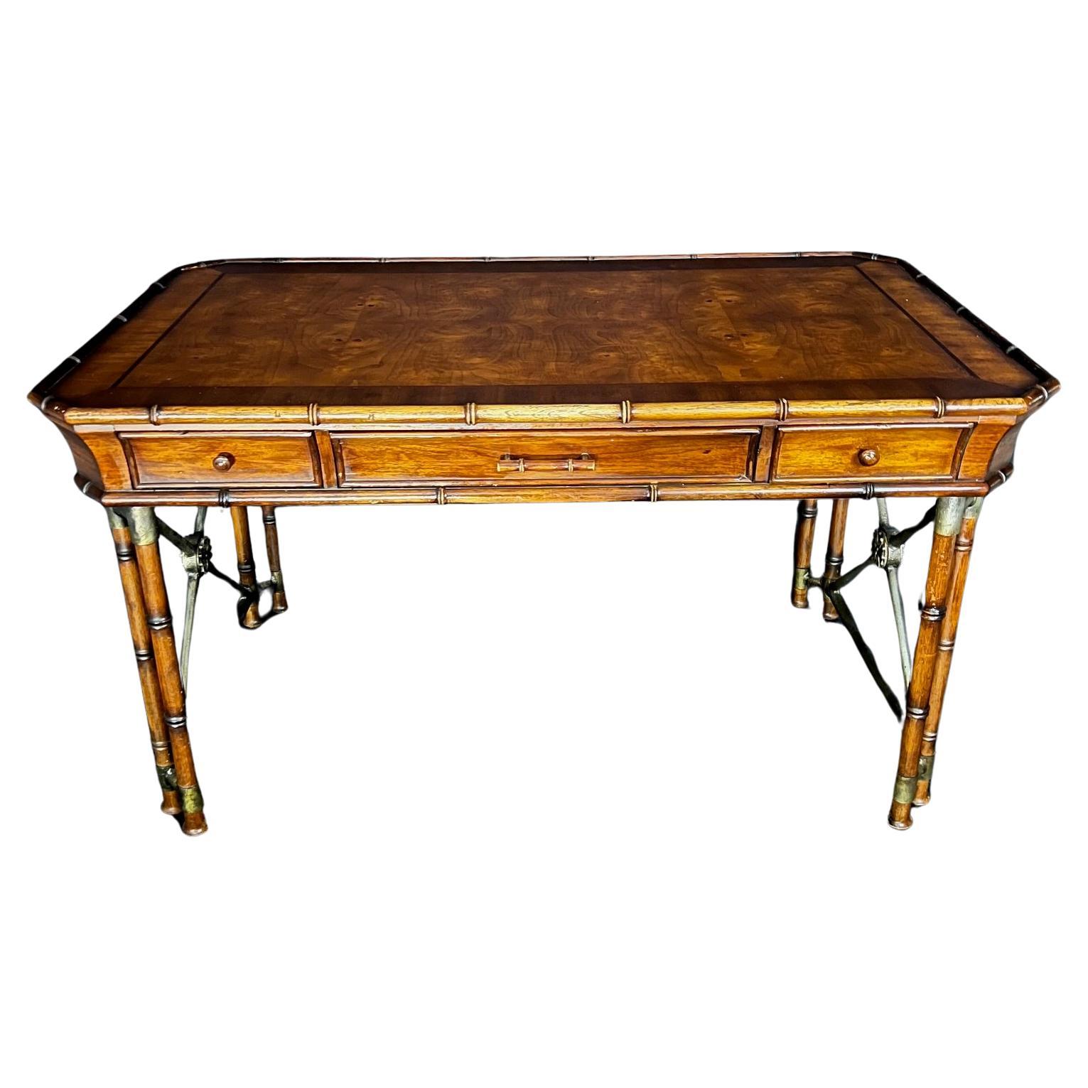 Faux Bamboo Campaign Style Burlwood Desk or Writing Table  For Sale