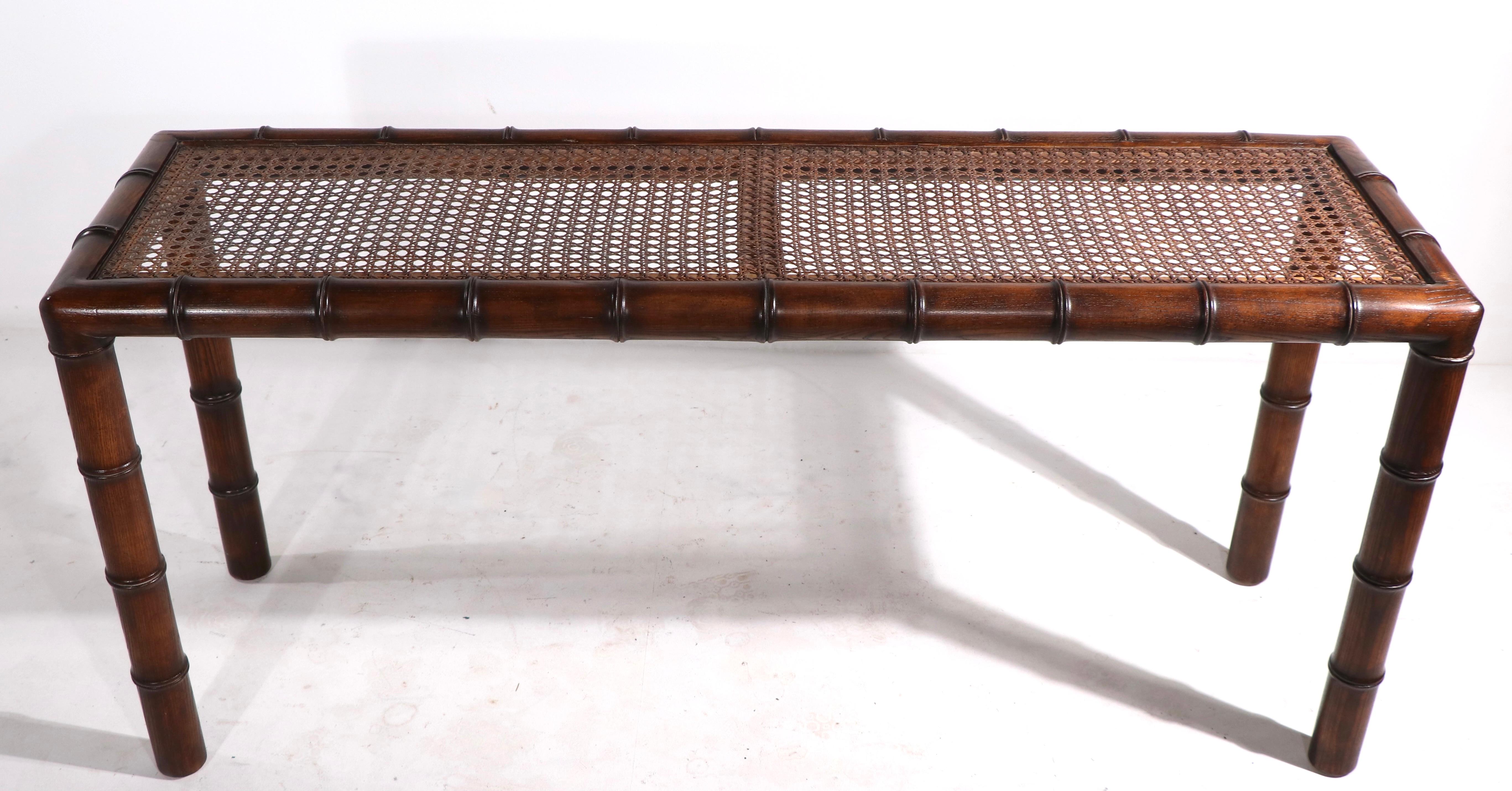 Hollywood Regency Faux Bamboo Cane and Glass Console Sofa Table