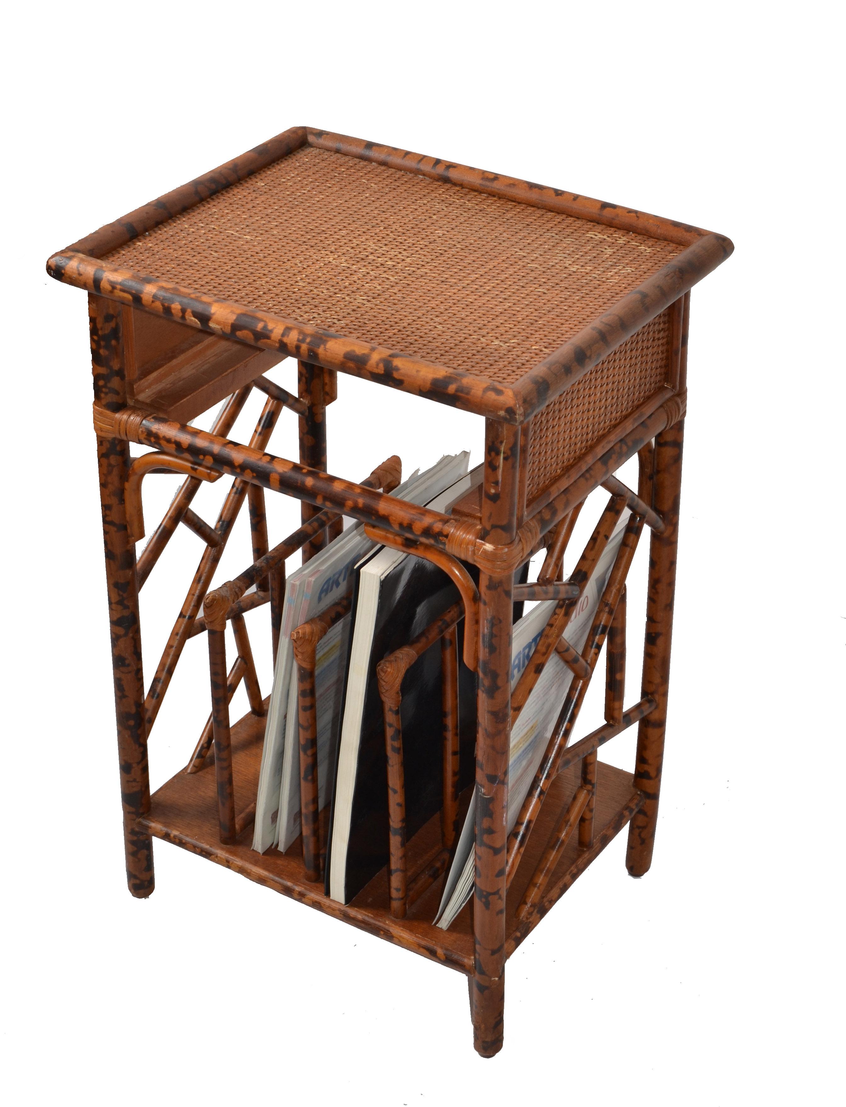 British Colonial Style Boho Chic Side Table featuring Faux Bamboo frames with a Faux Tortoise Finish, handwoven Cane panels. Chinese Chippendale sides and bases with magazine racks.
Parts of Label underneath, Made in the Philippines.
Asian Modern