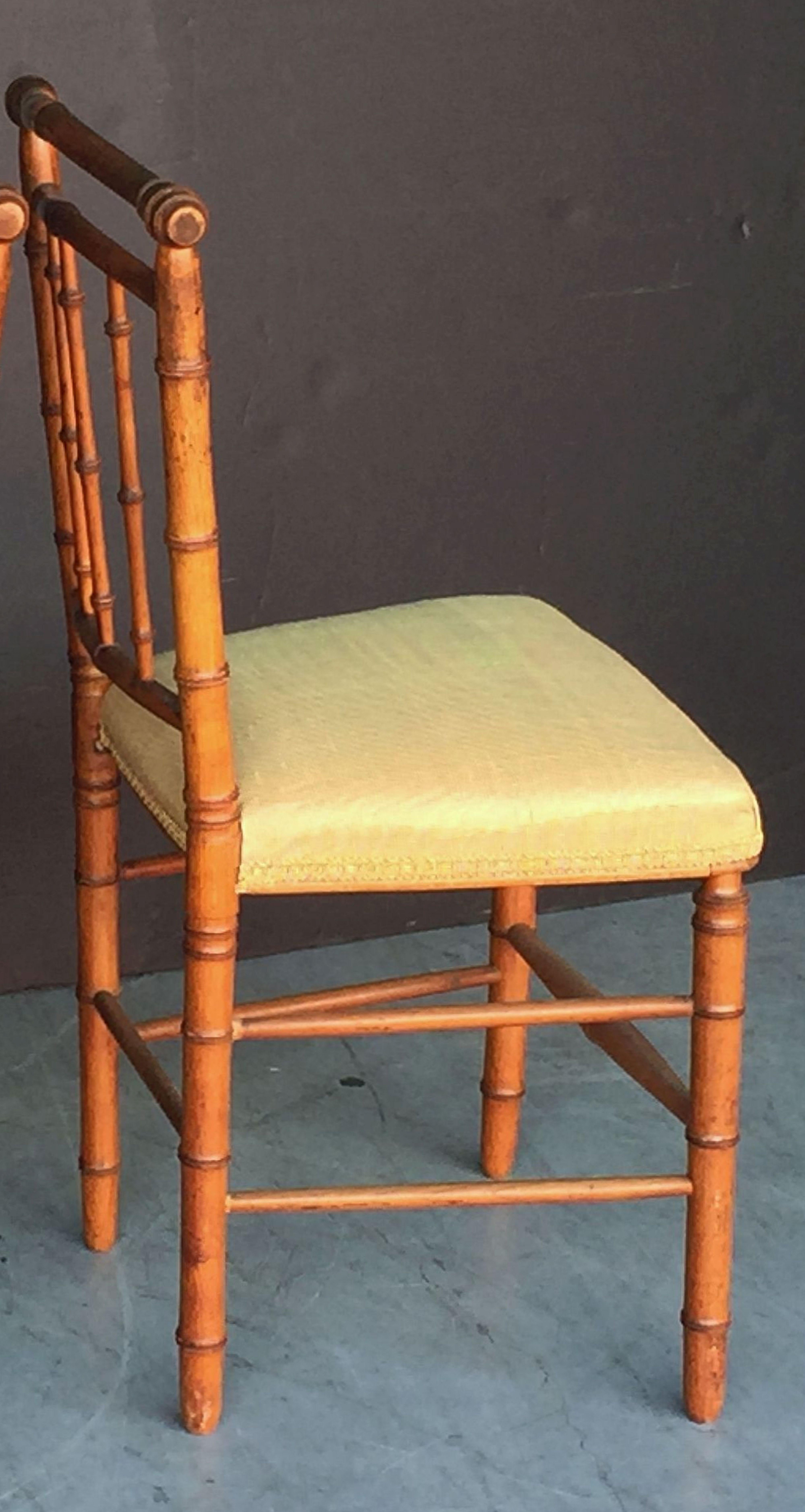 English Faux Bamboo Chair with Silk Upholstered Seat