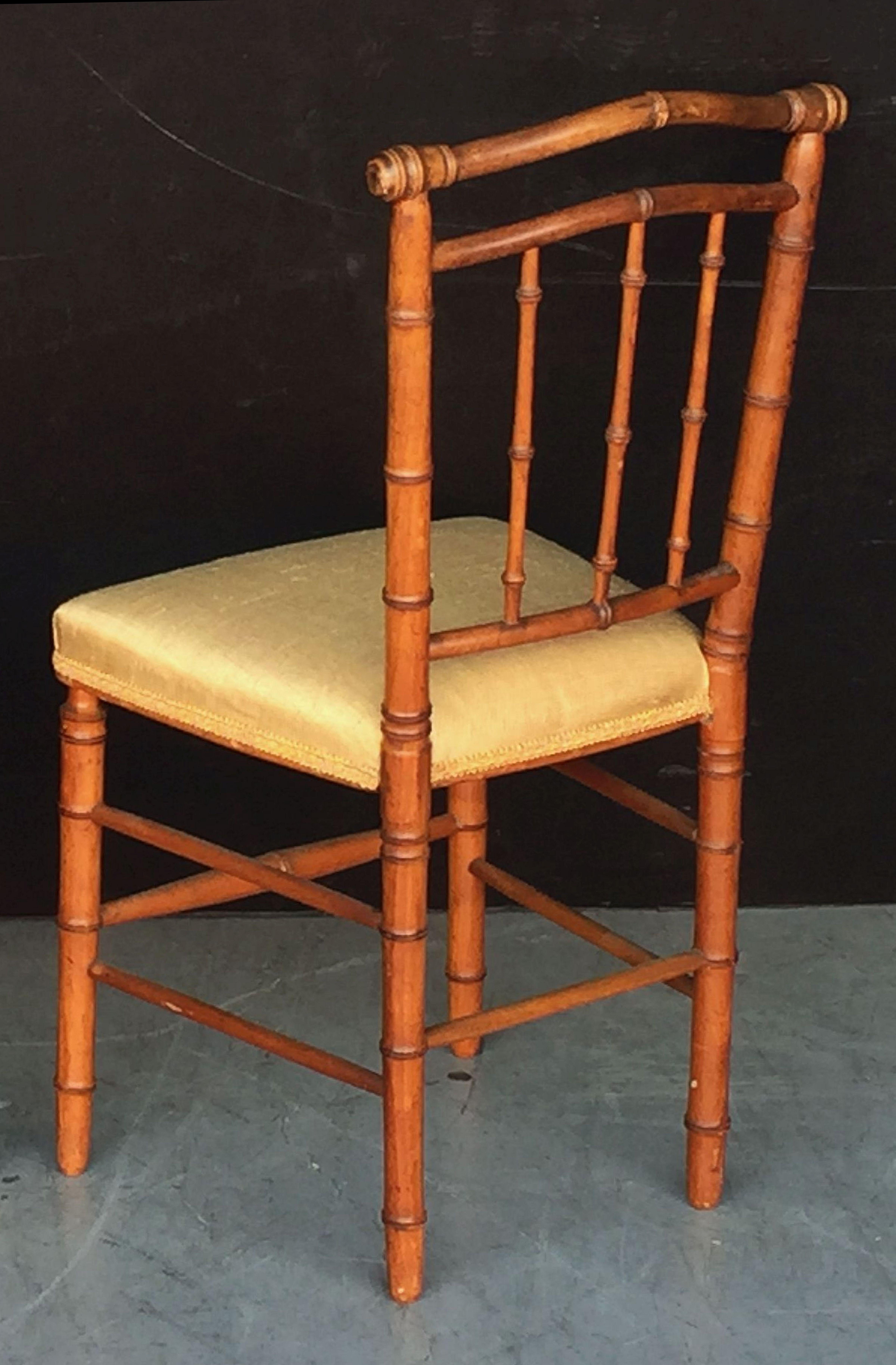 Faux Bamboo Chair with Silk Upholstered Seat In Good Condition In Austin, TX