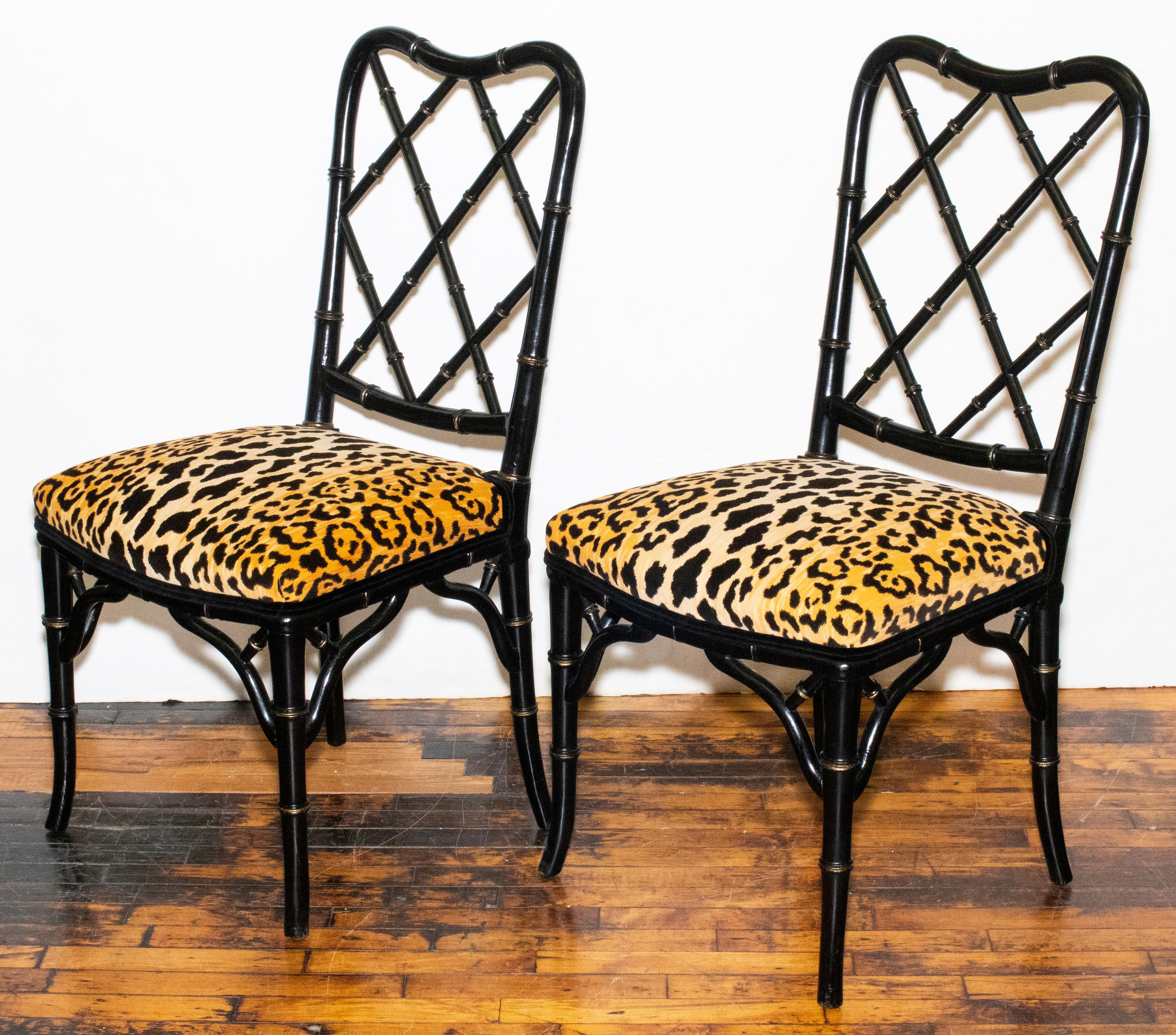 Chinese Chippendale Faux Bamboo Chairs in Leopard Upholstery