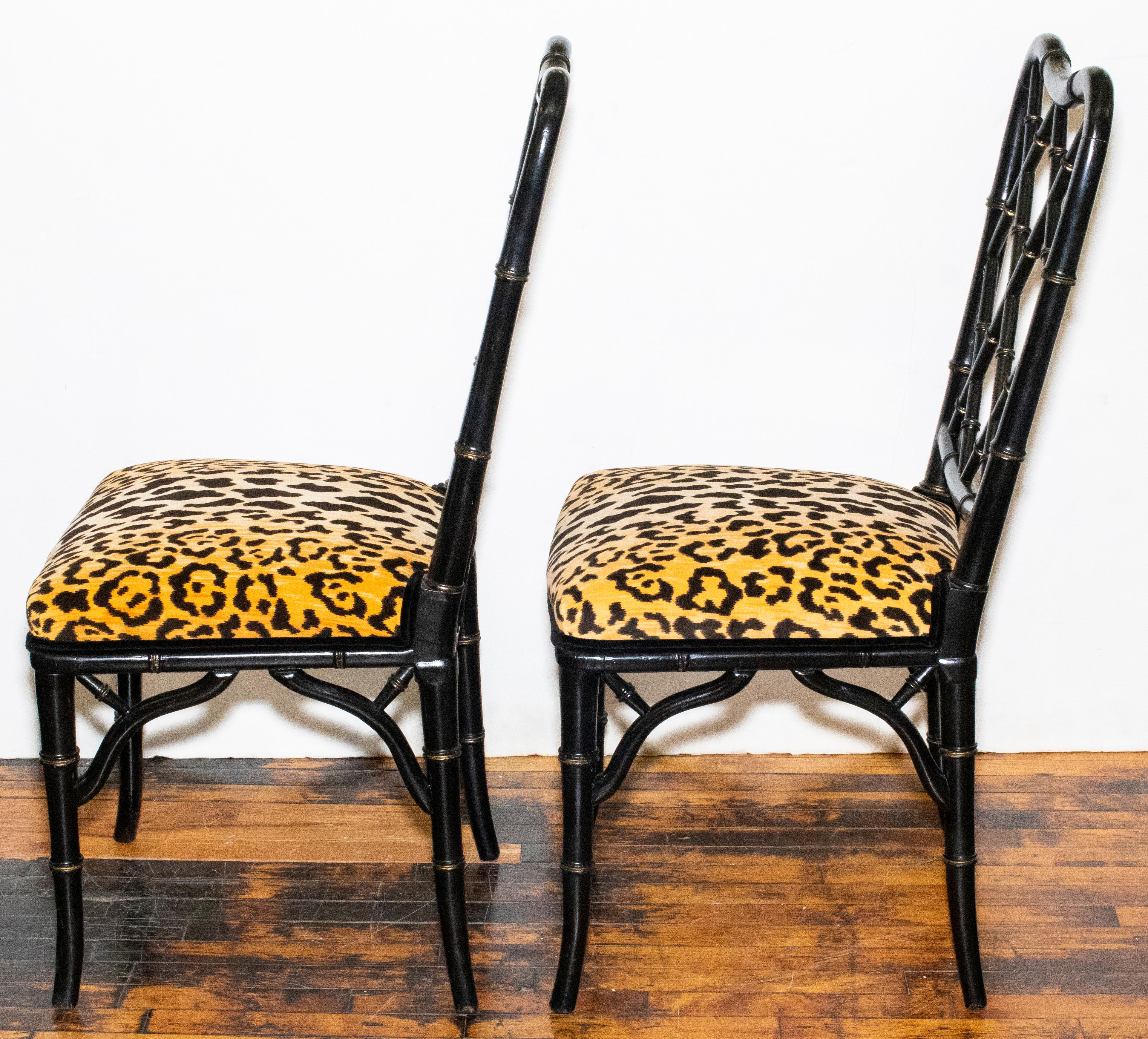 American Faux Bamboo Chairs in Leopard Upholstery