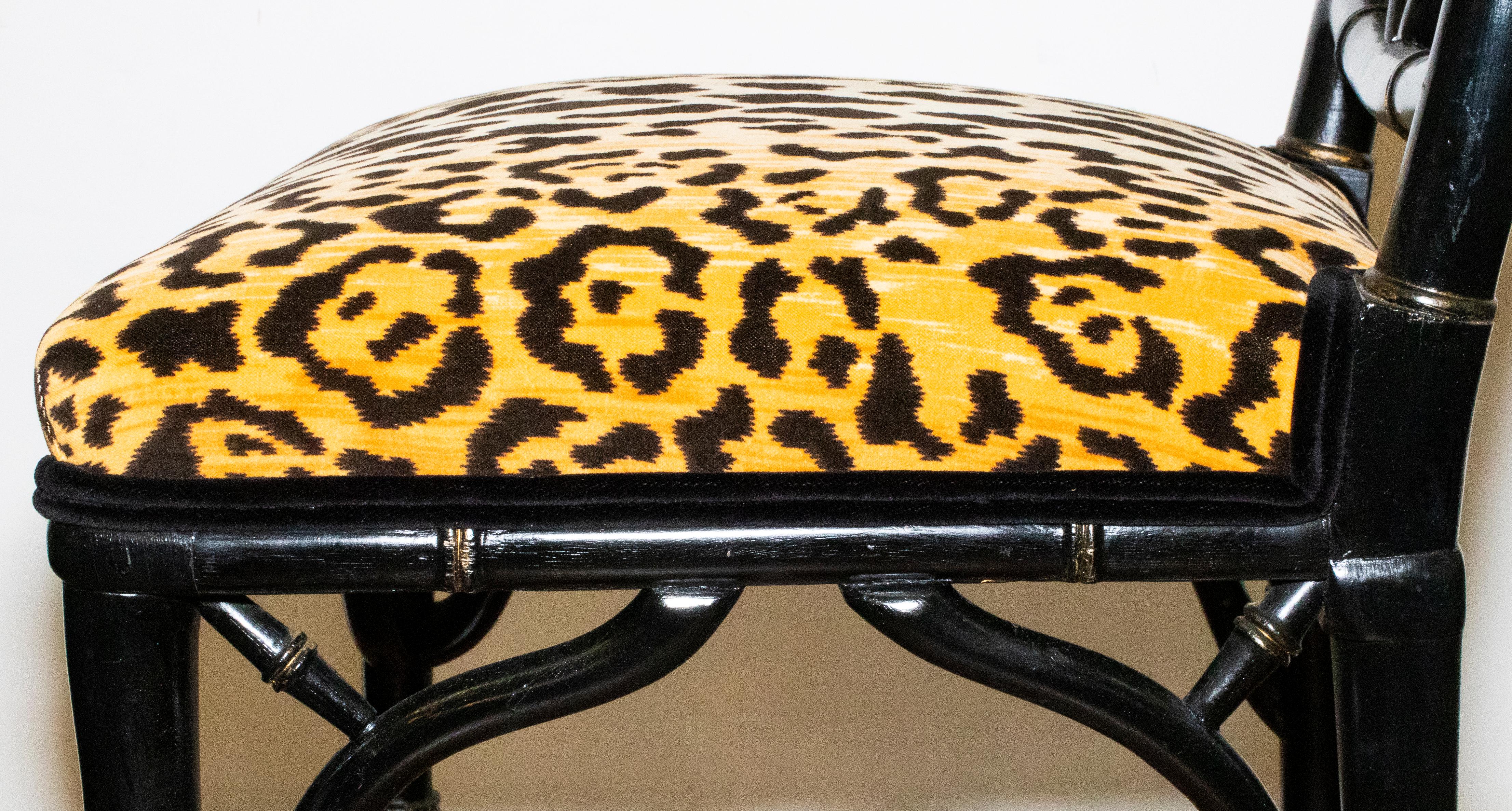 Painted Faux Bamboo Chairs in Leopard Upholstery
