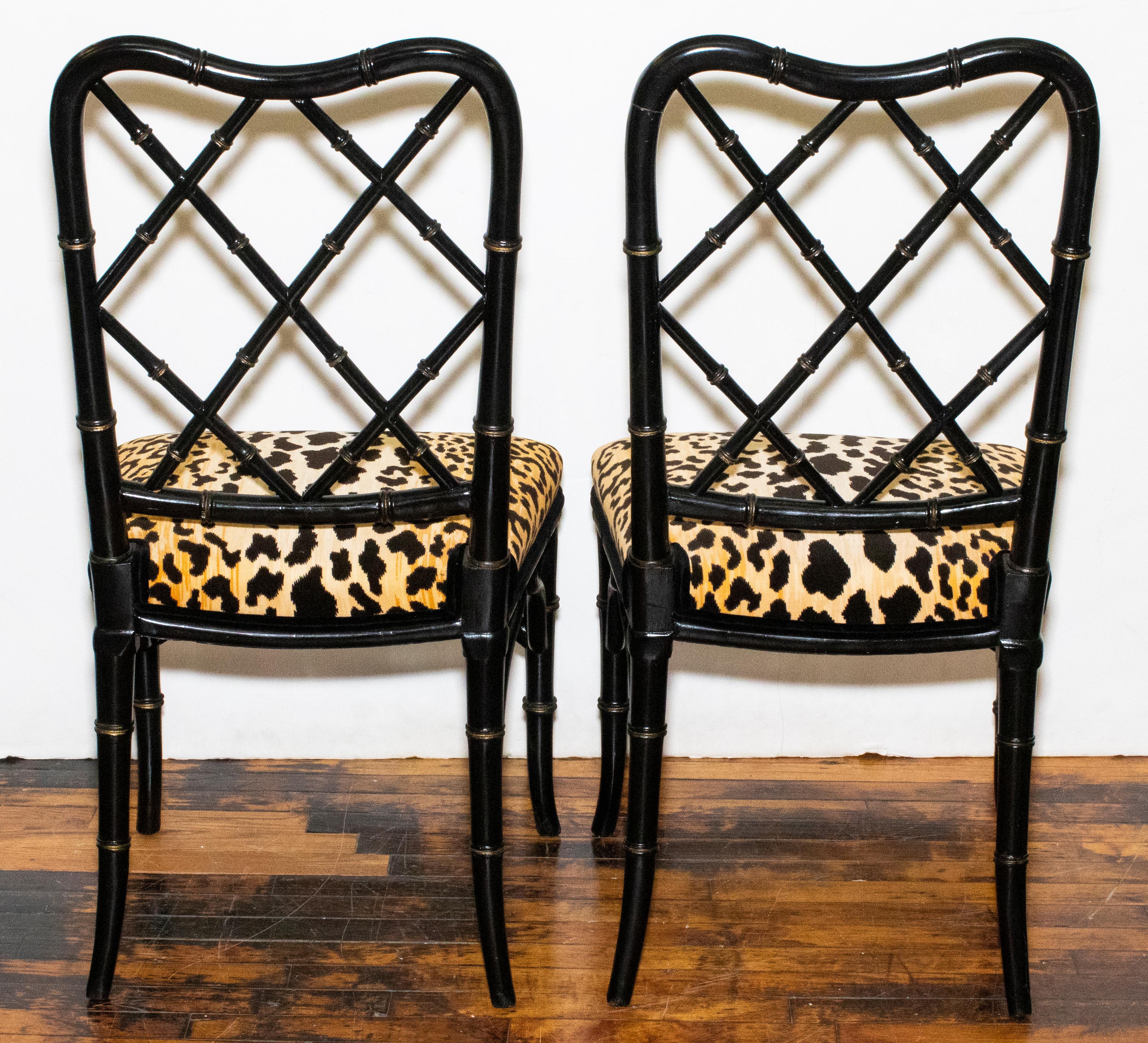 Faux Bamboo Chairs in Leopard Upholstery In Excellent Condition In New York, NY