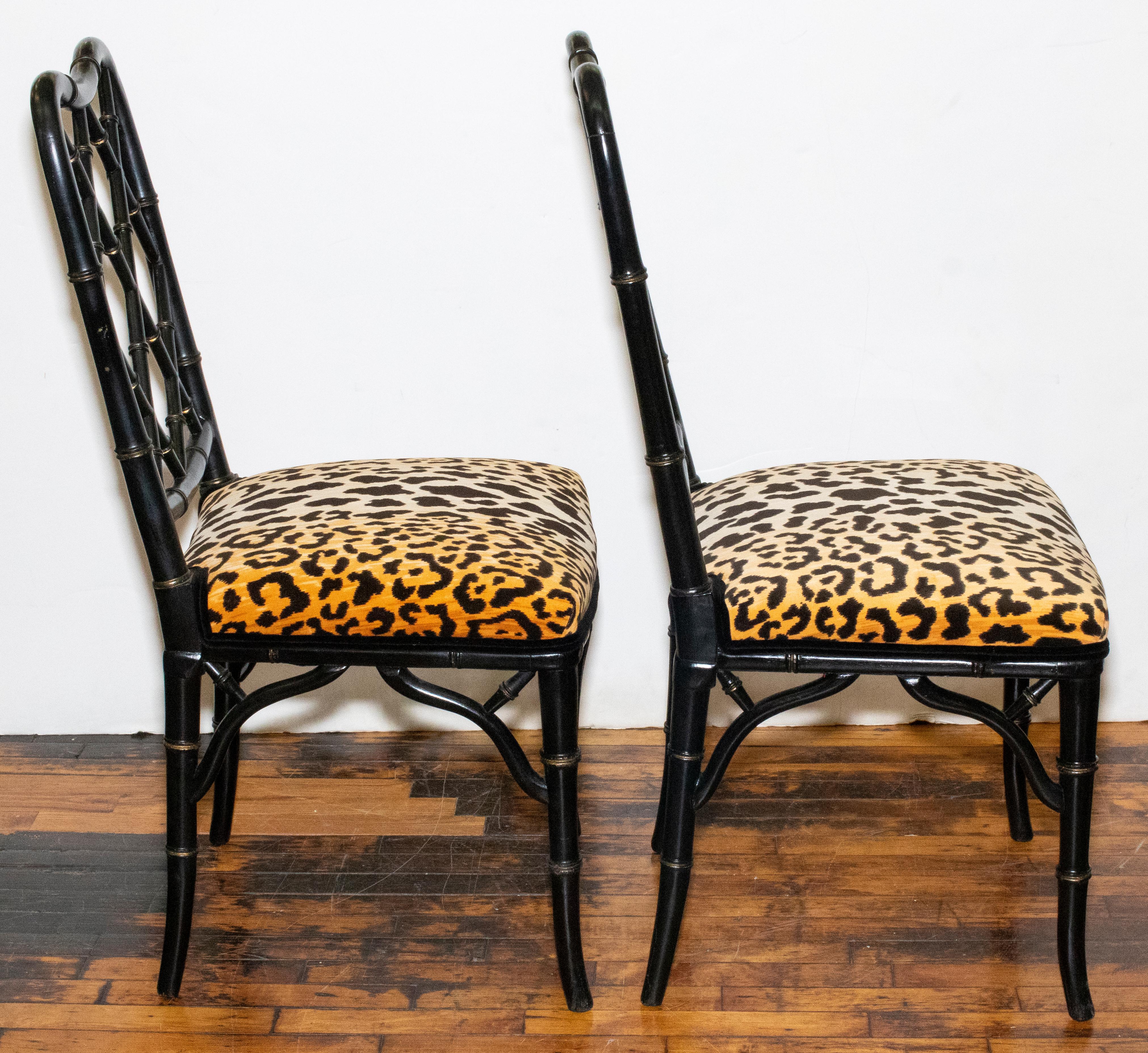 Late 20th Century Faux Bamboo Chairs in Leopard Upholstery