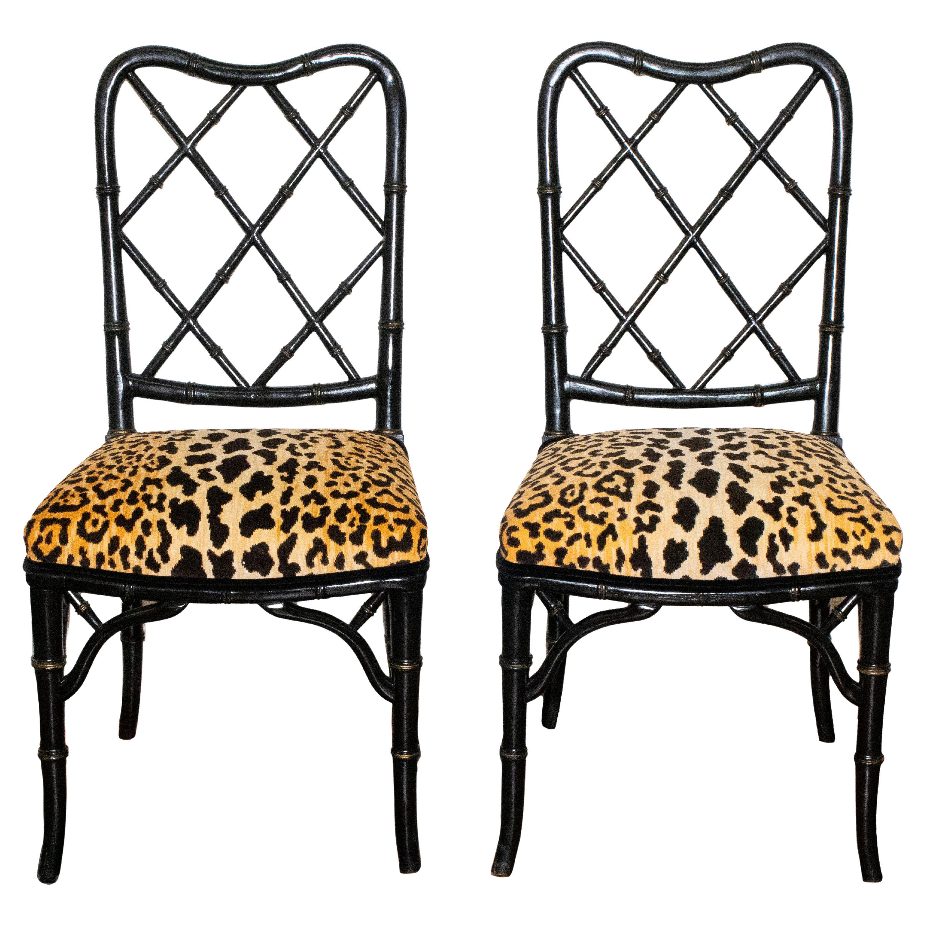 Faux Bamboo Chairs in Leopard Upholstery