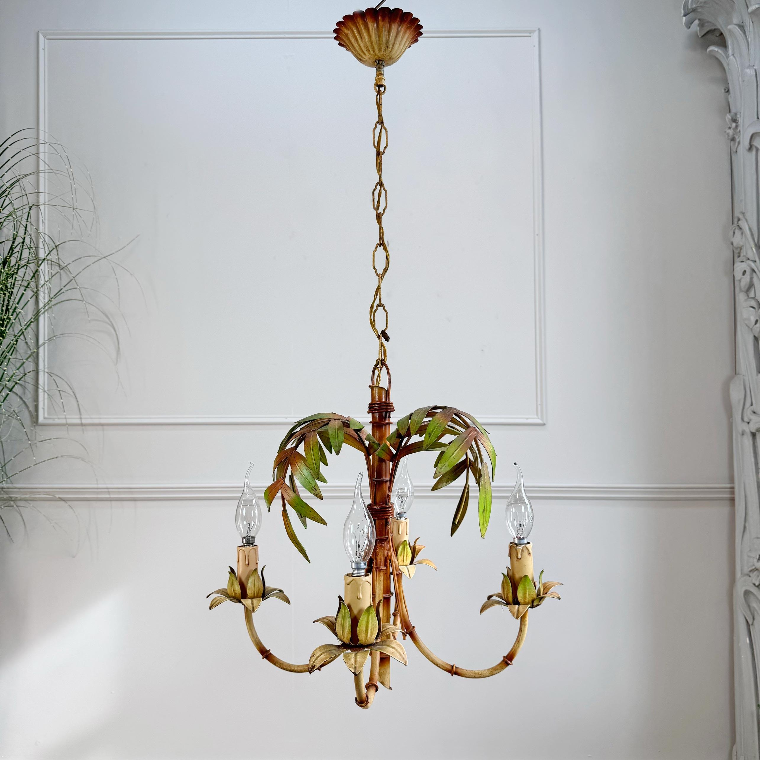 Mid-Century Modern Faux Bamboo Chandelier Italy 1950's For Sale