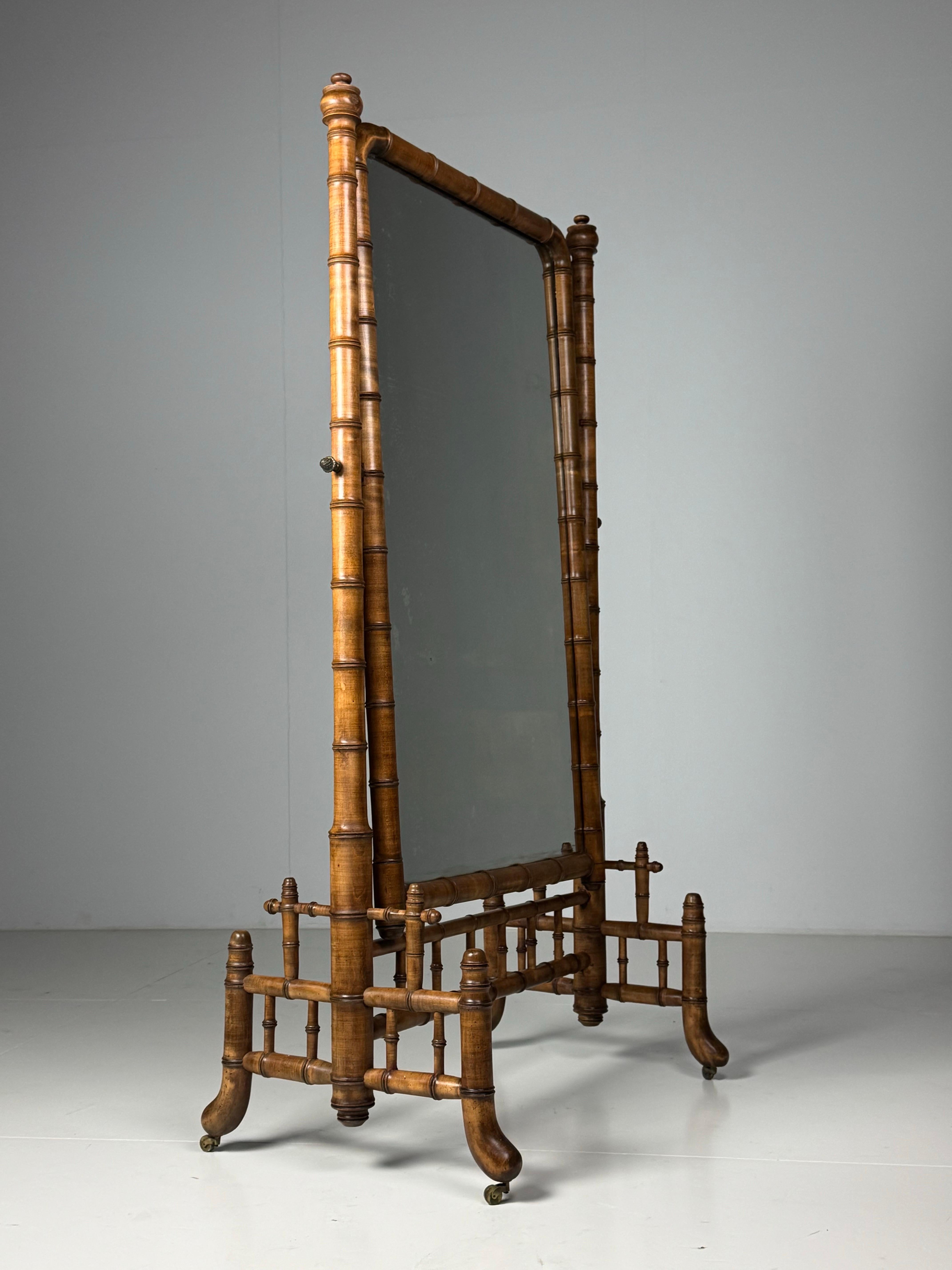 Wood Faux Bamboo Cheval Mirror ca. 1900 For Sale