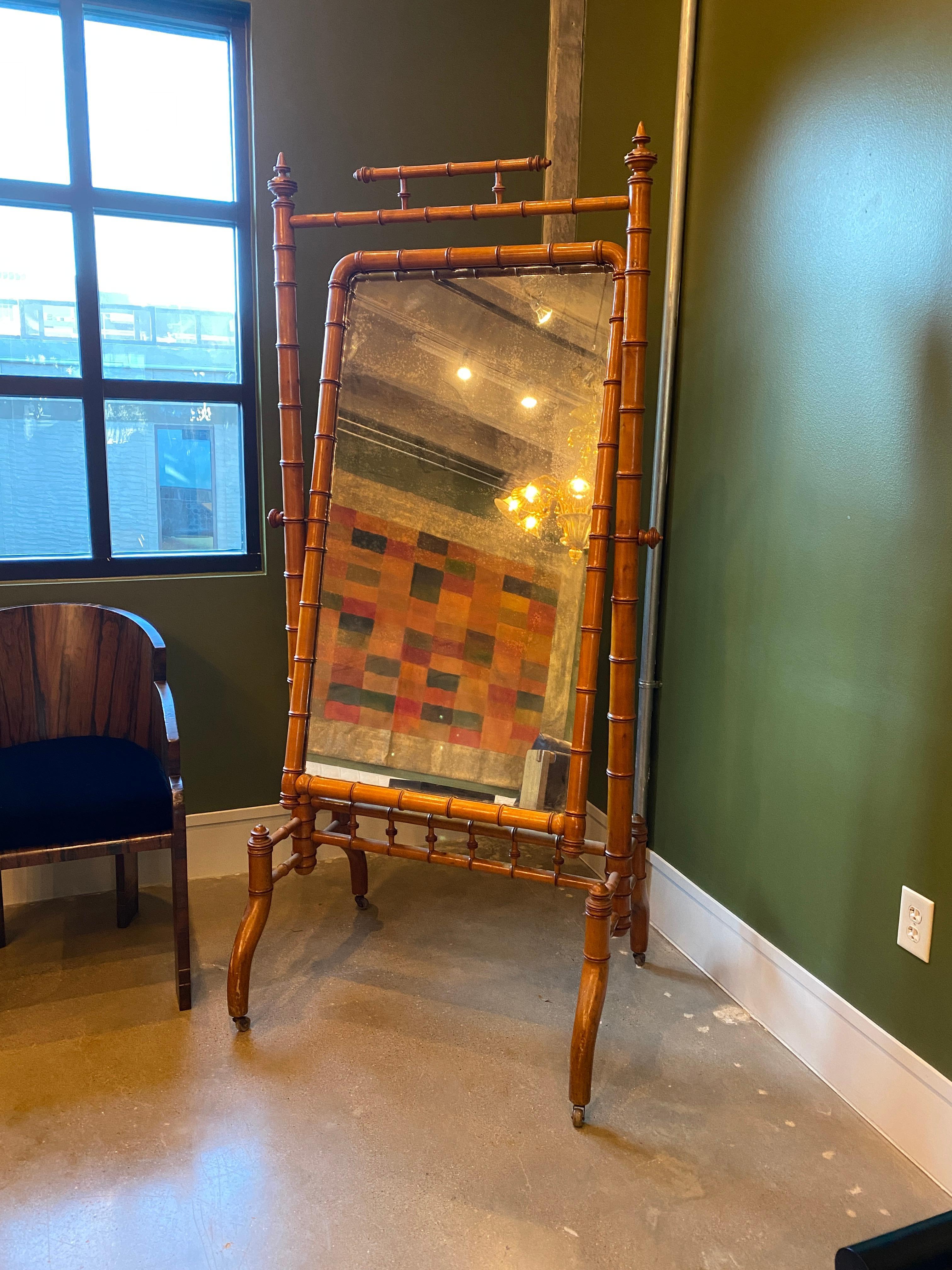Faux Bamboo Cheval Standing Mirror, France, 1880s 3
