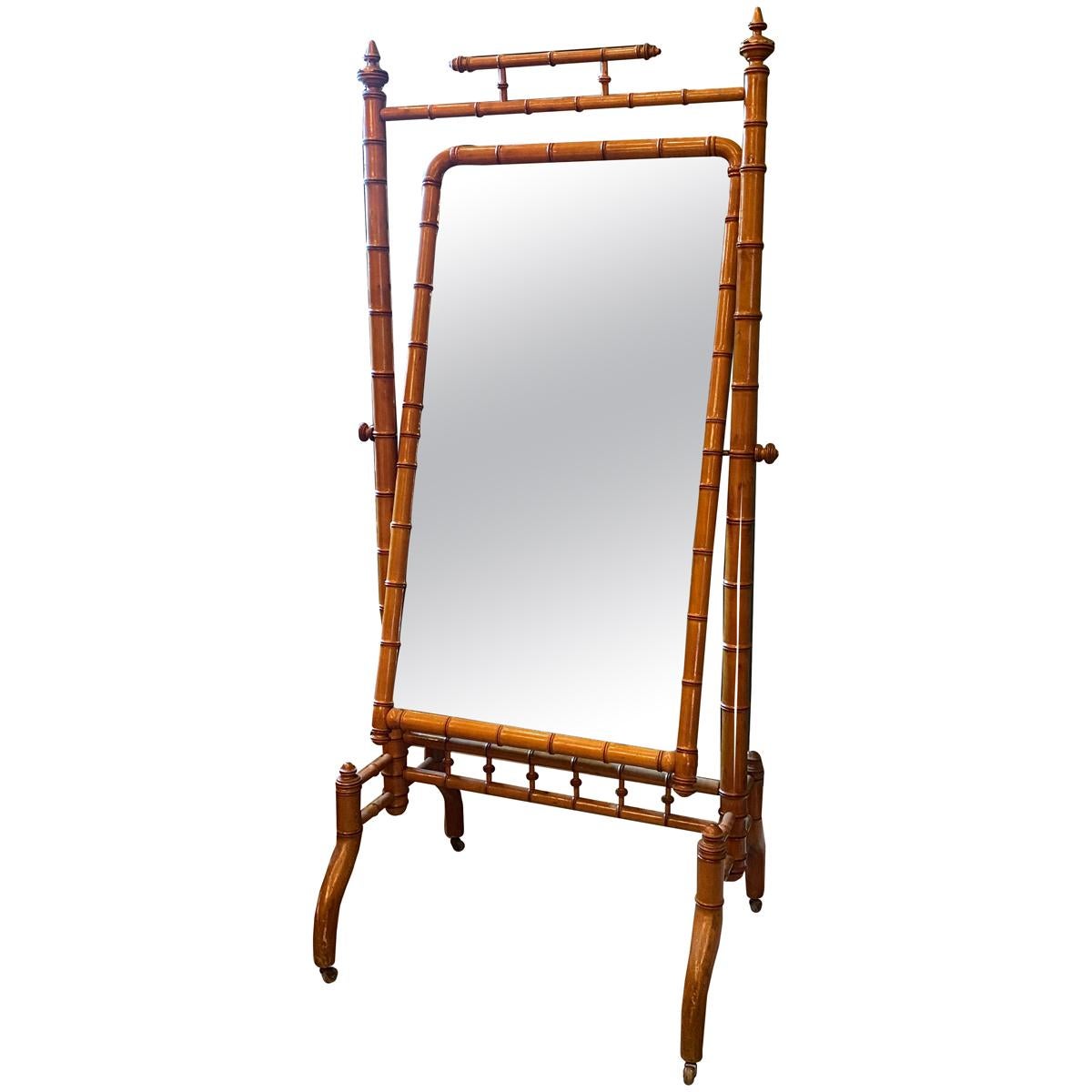 Faux Bamboo Cheval Standing Mirror, France, 1880s