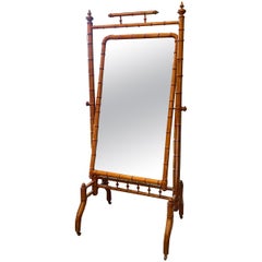 Antique Faux Bamboo Cheval Standing Mirror, France, 1880s