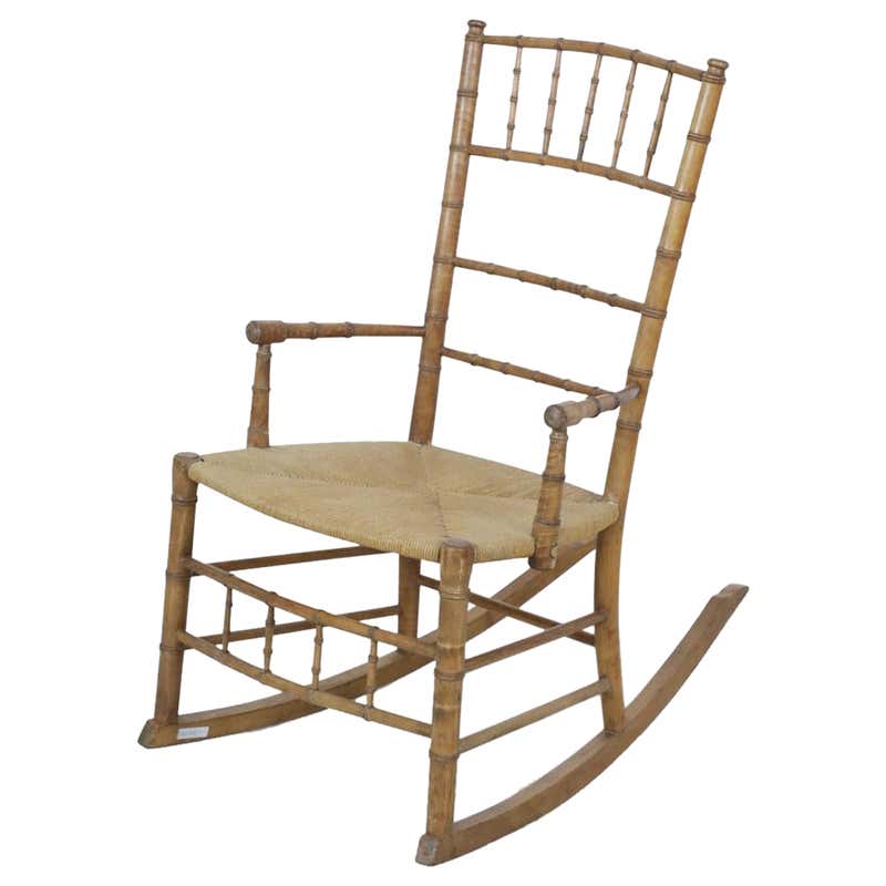 American Primitive Rustic Oak Wood Rush Seat Rocking Chair by Cracker ...