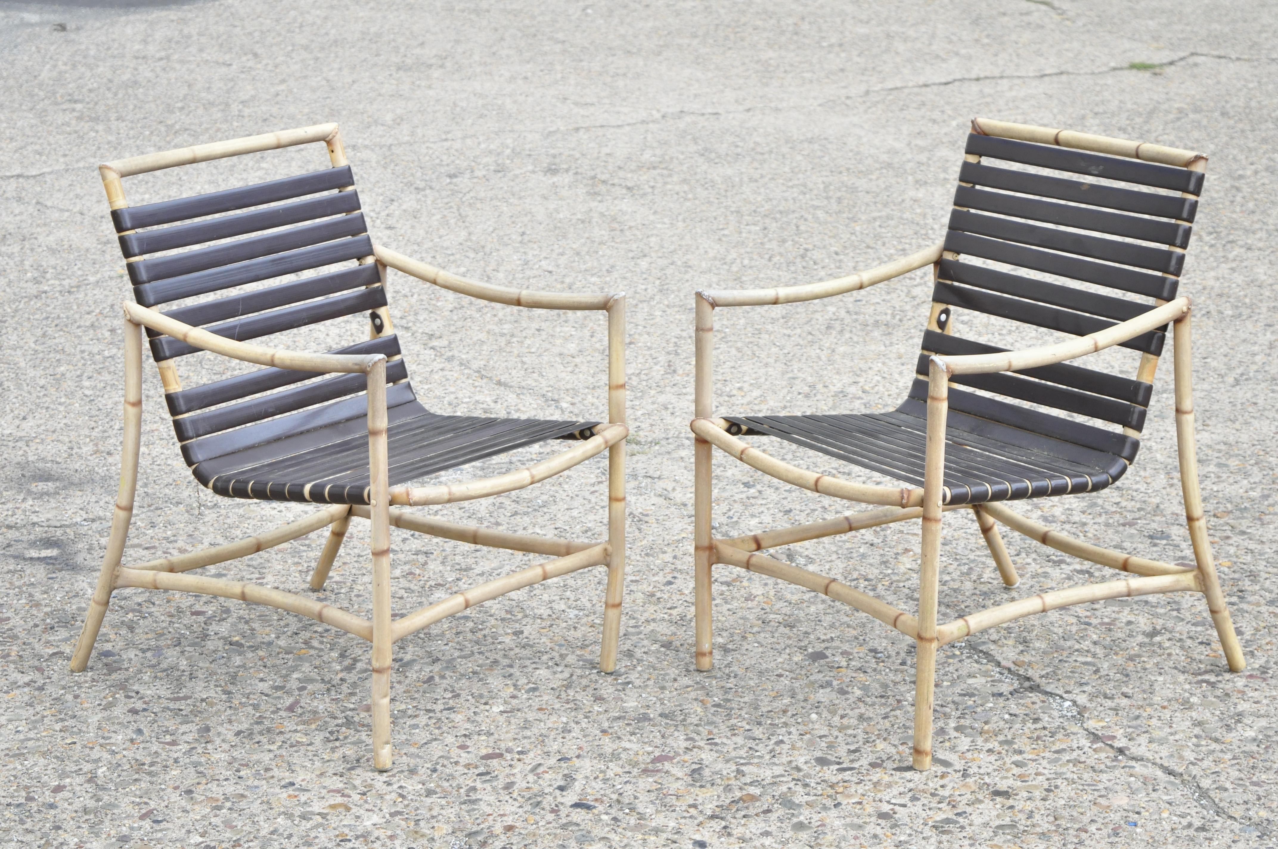 Faux Bamboo Chinese Chippendale Aluminum Vinyl Strap Patio Armchairs, a Pair For Sale 7