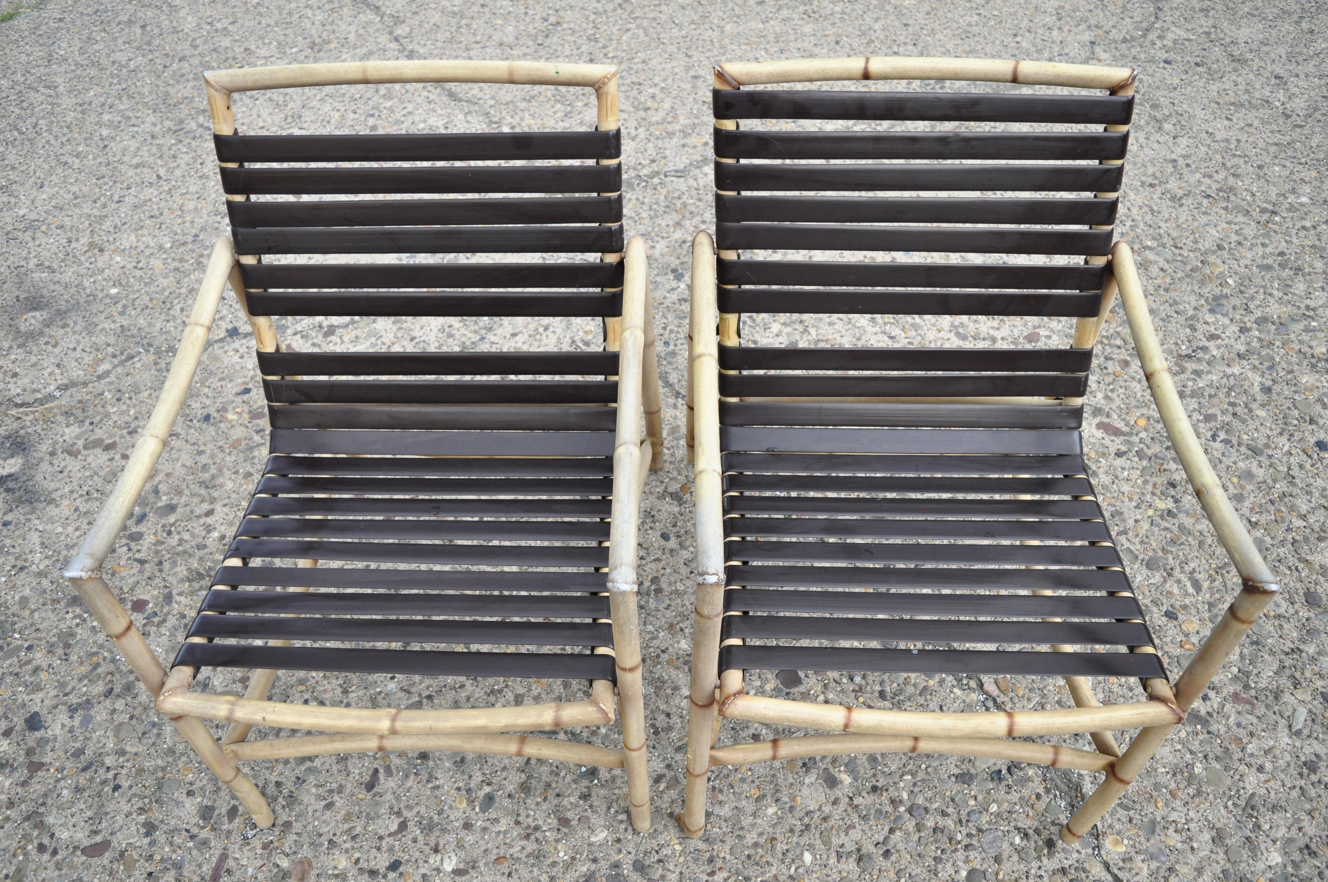 20th Century Faux Bamboo Chinese Chippendale Aluminum Vinyl Strap Patio Armchairs, a Pair For Sale