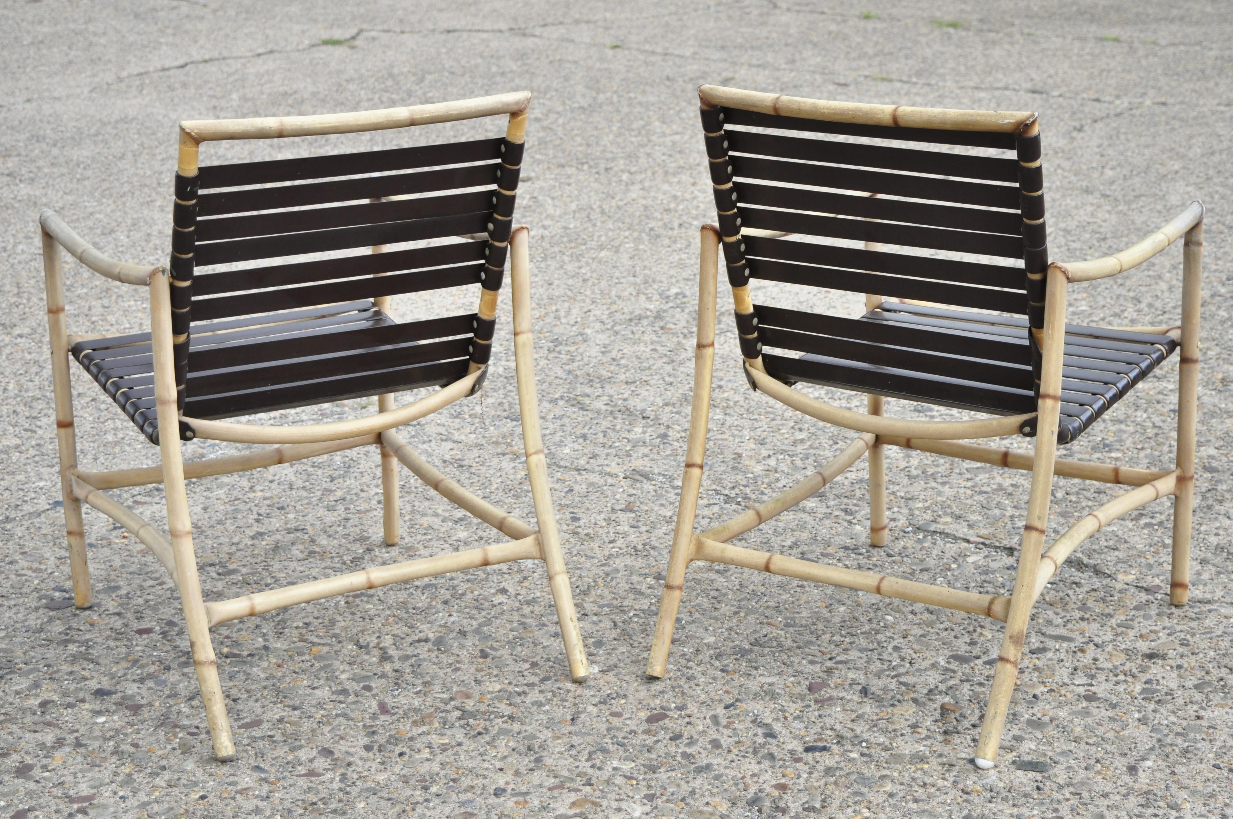 Faux Bamboo Chinese Chippendale Aluminum Vinyl Strap Patio Armchairs, a Pair For Sale 2