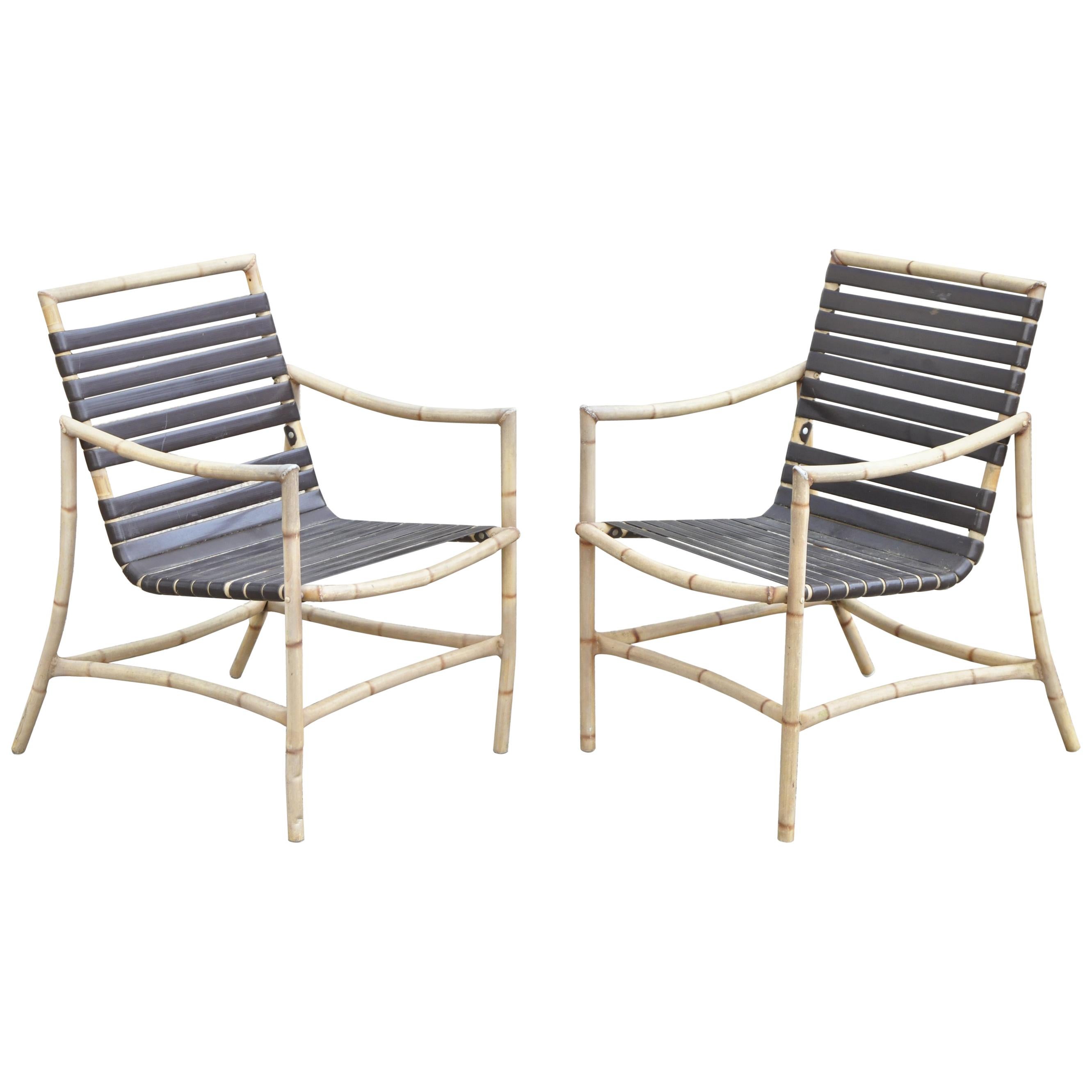 Faux Bamboo Chinese Chippendale Aluminum Vinyl Strap Patio Armchairs, a Pair