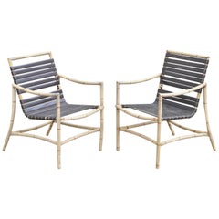 Retro Faux Bamboo Chinese Chippendale Aluminum Vinyl Strap Patio Armchairs, a Pair