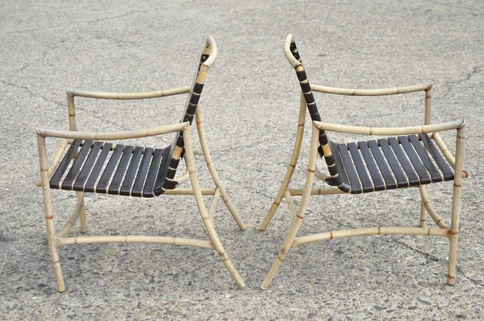 Hollywood Regency Faux Bamboo Chinese Chippendale Aluminum Vinyl Strap Pool Arm Chairs - a Pair For Sale