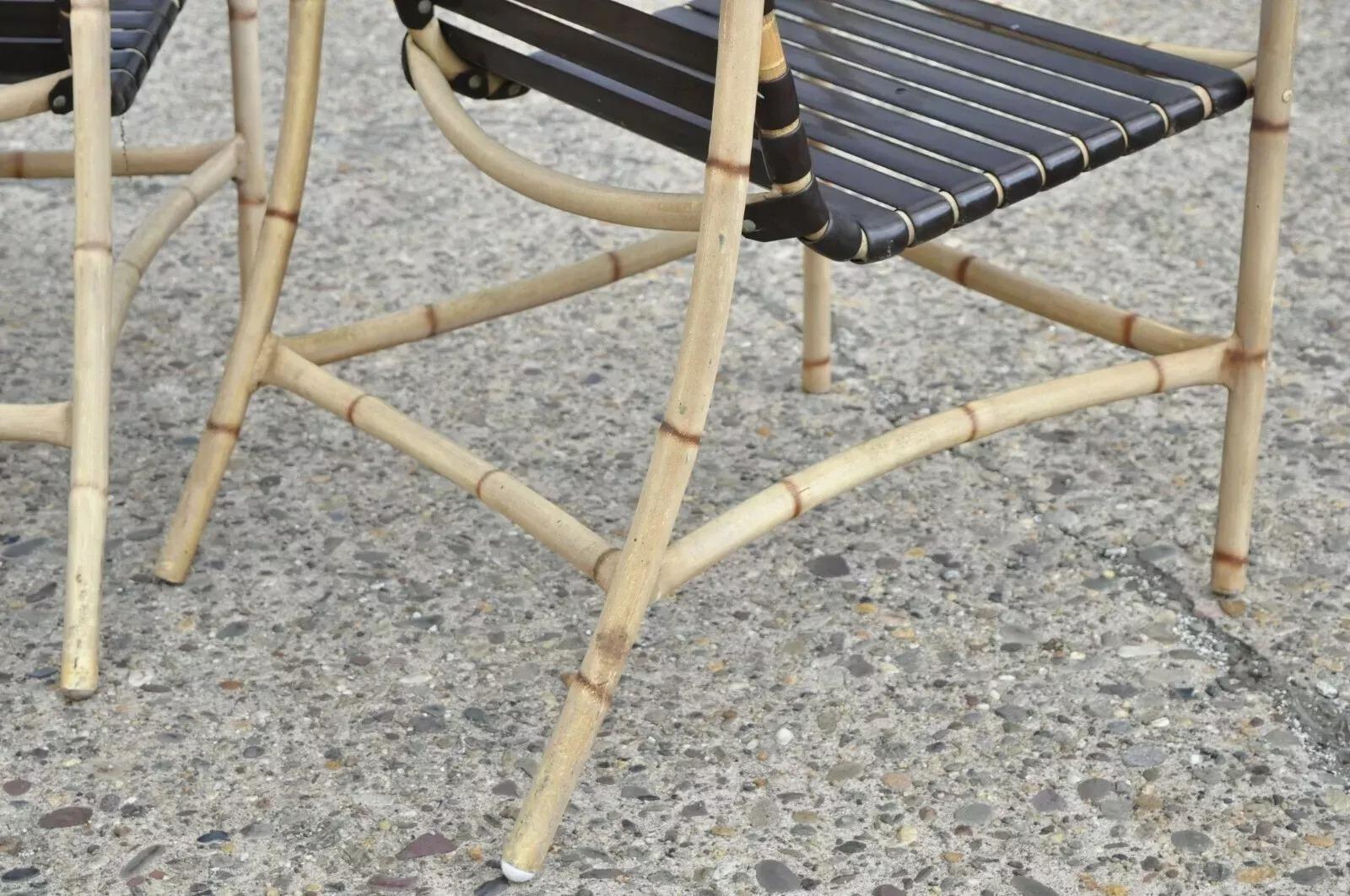 Unknown Faux Bamboo Chinese Chippendale Aluminum Vinyl Strap Pool Arm Chairs - a Pair For Sale