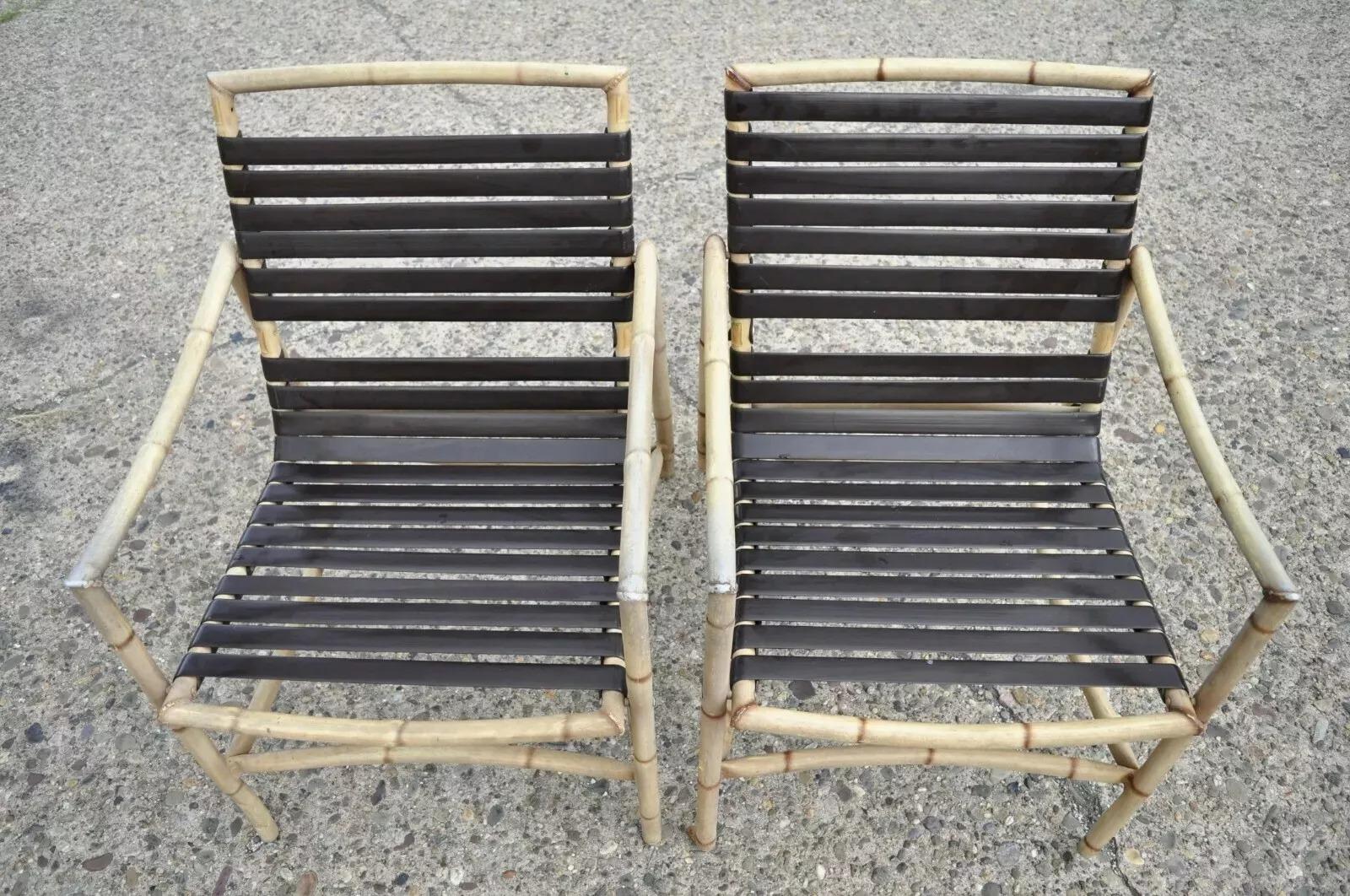 Faux Bamboo Chinese Chippendale Aluminum Vinyl Strap Pool Arm Chairs - a Pair In Good Condition For Sale In Philadelphia, PA