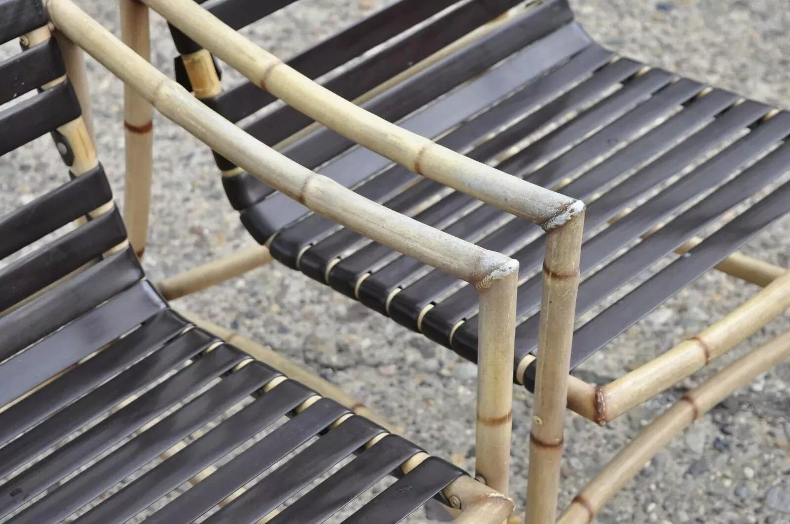20th Century Faux Bamboo Chinese Chippendale Aluminum Vinyl Strap Pool Arm Chairs - a Pair For Sale