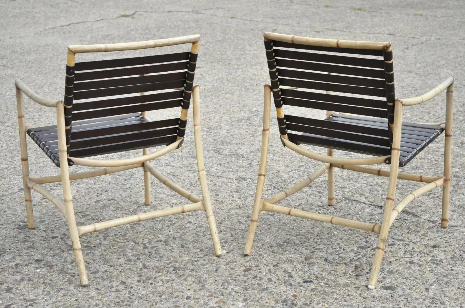Faux Bamboo Chinese Chippendale Aluminum Vinyl Strap Pool Arm Chairs - a Pair For Sale 1