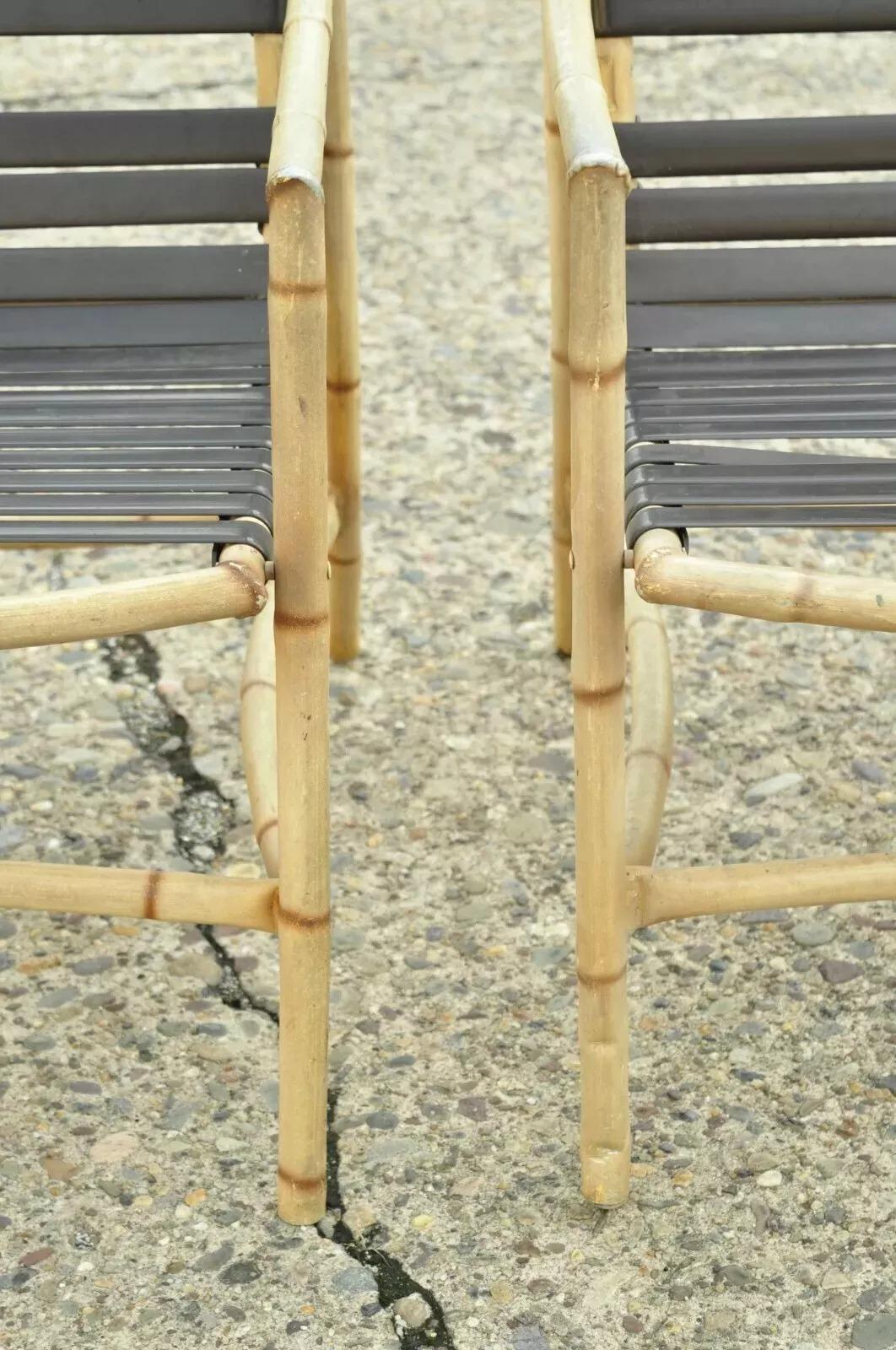 Faux Bamboo Chinese Chippendale Aluminum Vinyl Strap Pool Arm Chairs - a Pair For Sale 3