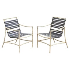 Faux Bamboo Chinese Chippendale Aluminum Vinyl Strap Pool Arm Chairs - a Pair