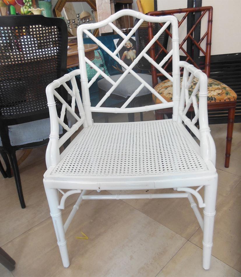 Faux Bamboo Chinese Chippendale Armchair  White Wood Lacquered 1970s 6