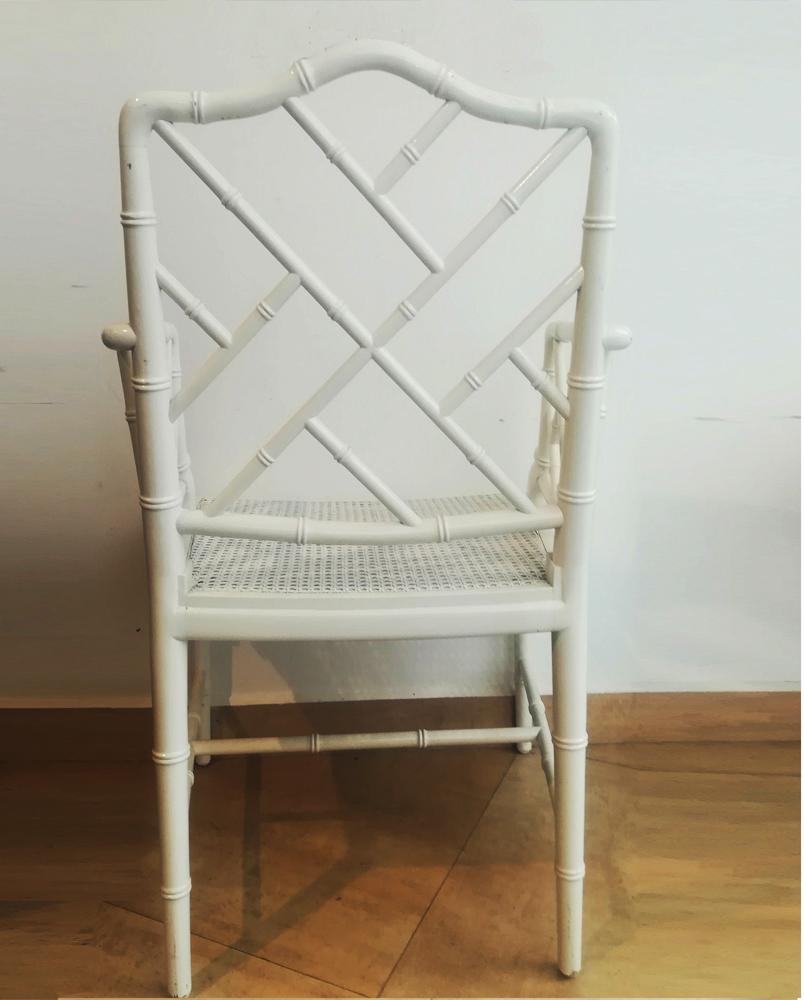 Faux Bamboo Chinese Chippendale Armchair  White Wood Lacquered 1970s 7