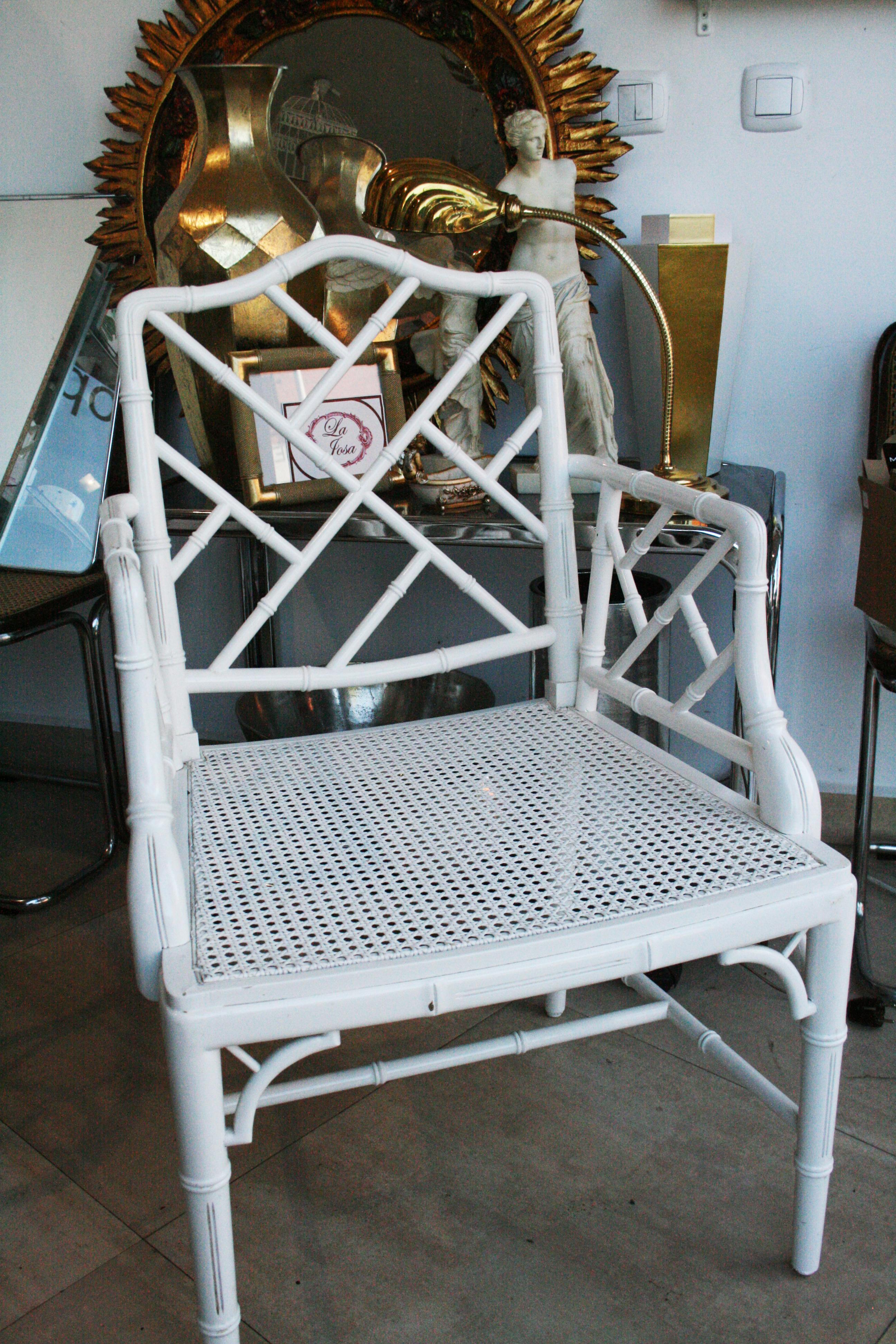 Faux Bamboo Chinese Chippendale Armchair  White Wood Lacquered 1970s 8