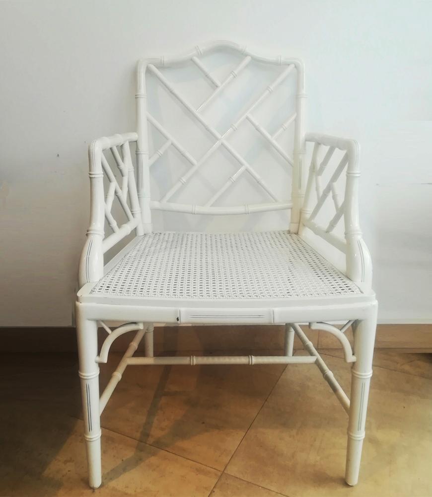 Faux Bamboo Chinese Chippendale Armchair  White Wood Lacquered 1970s 9