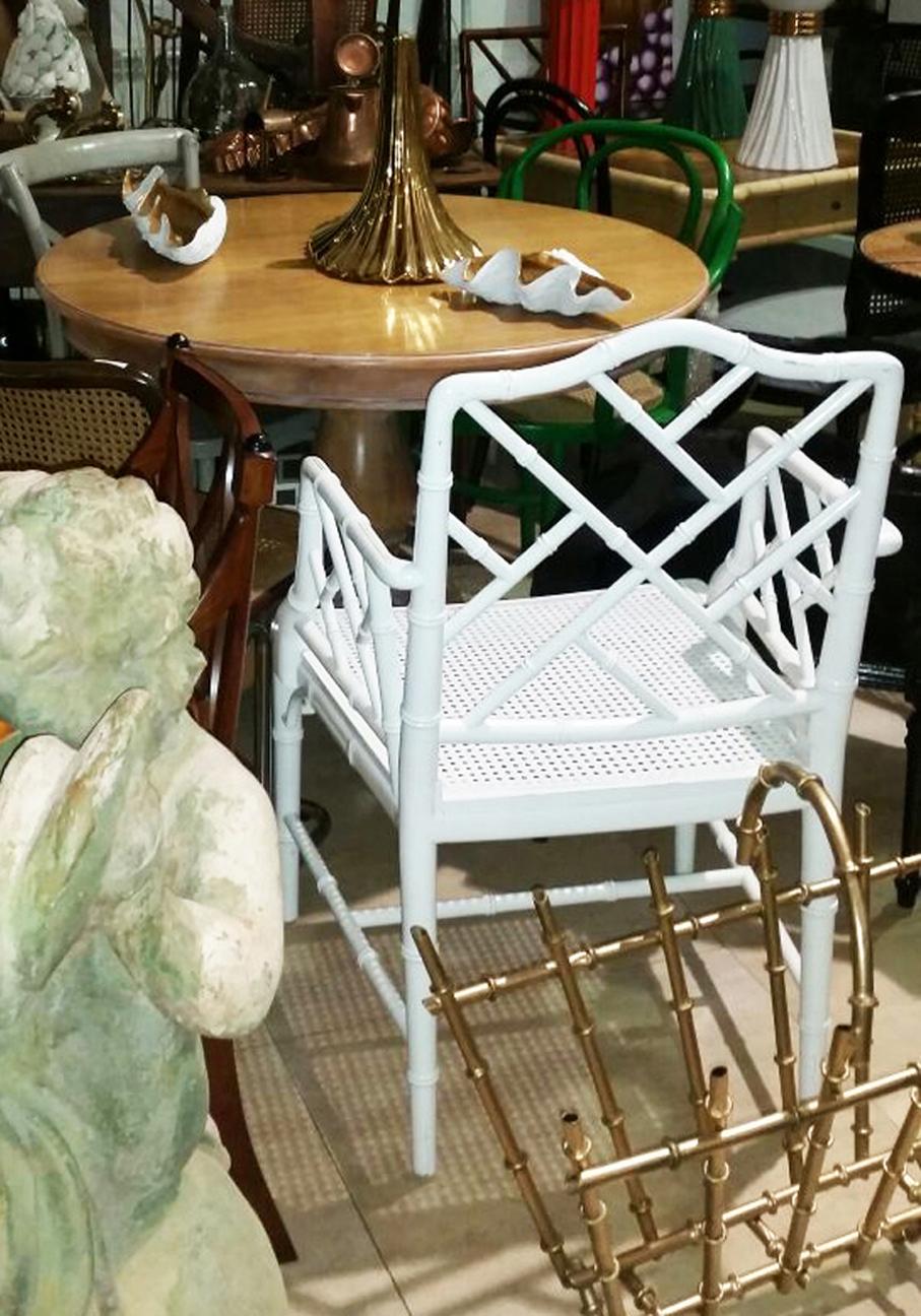 Faux Bamboo Chinese Chippendale Armchair  White Wood Lacquered 1970s 10