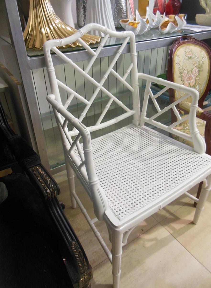 Faux Bamboo Chinese Chippendale Armchair  White Wood Lacquered 1970s 11