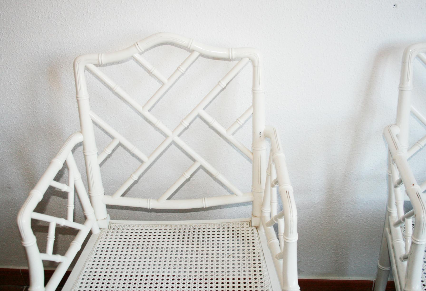 Faux Bamboo Chinese Chippendale Armchair  White Wood Lacquered 1970s 15