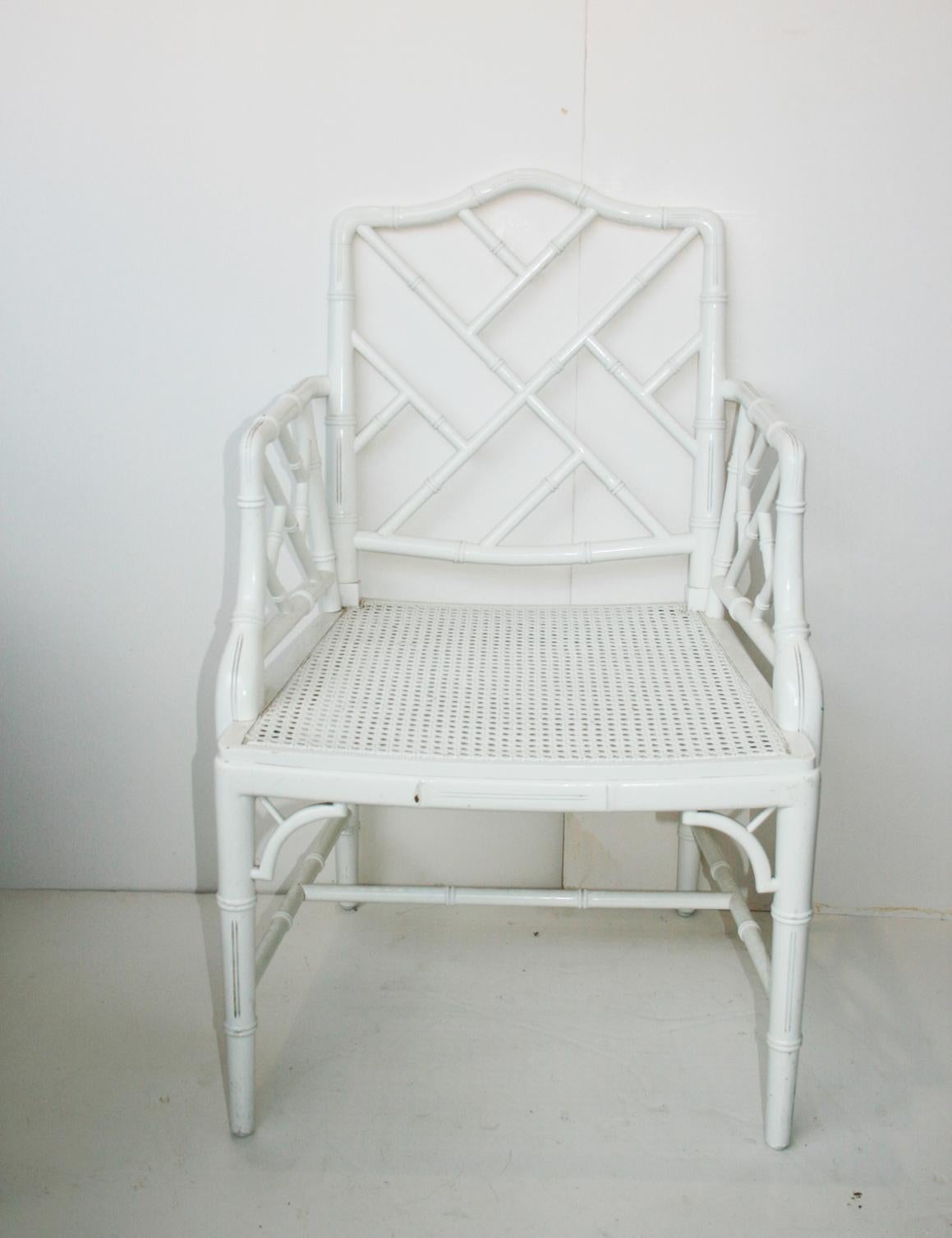 Spanish Faux Bamboo Chinese Chippendale Armchair  White Wood Lacquered 1970s