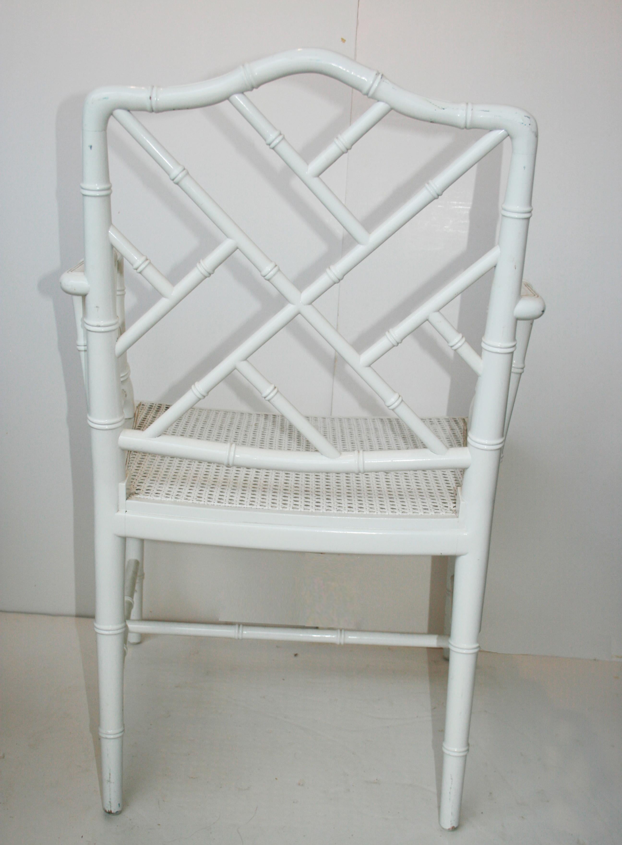 Late 20th Century Faux Bamboo Chinese Chippendale Armchair  White Wood Lacquered 1970s