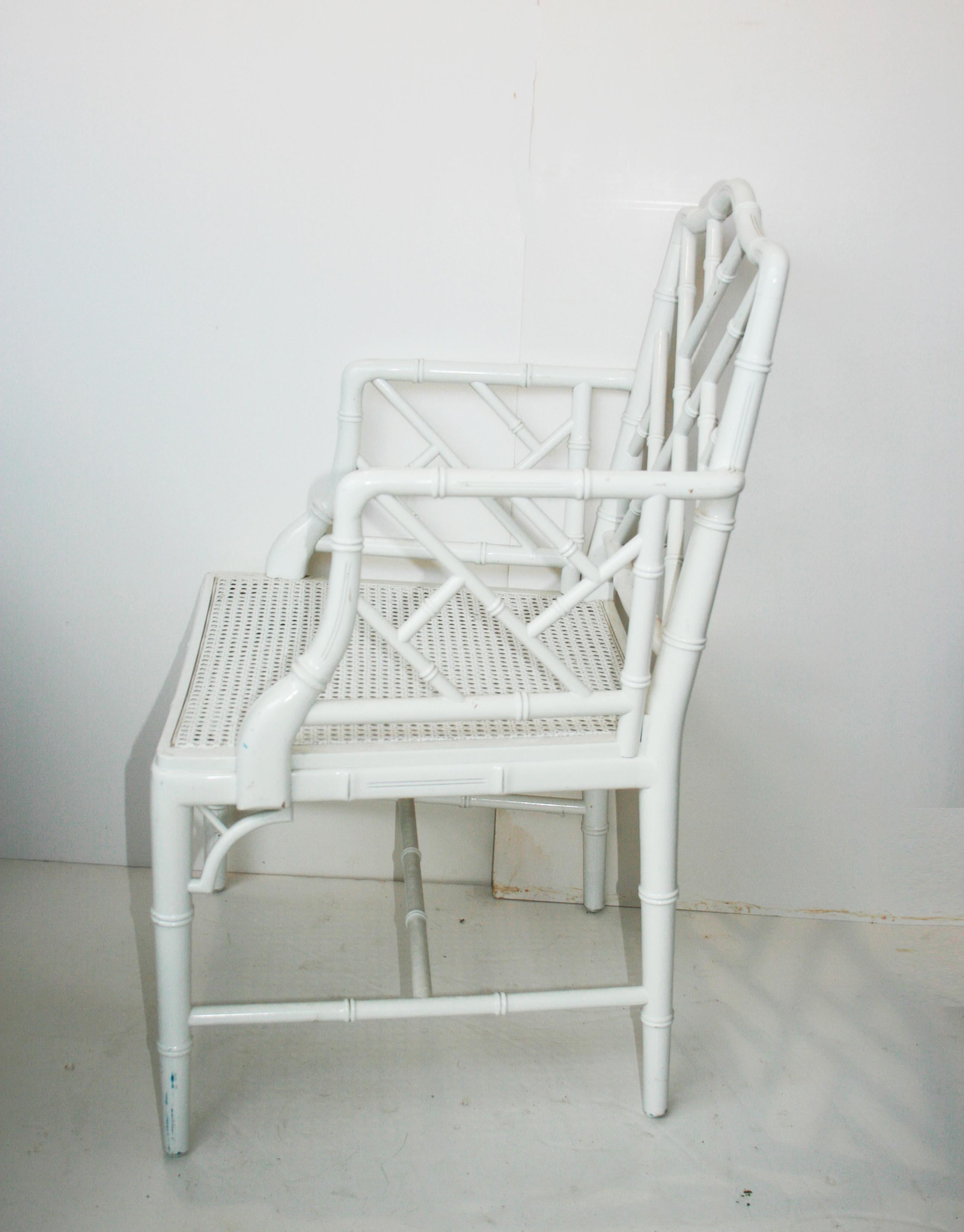 Faux Bamboo Chinese Chippendale Armchair  White Wood Lacquered 1970s 1