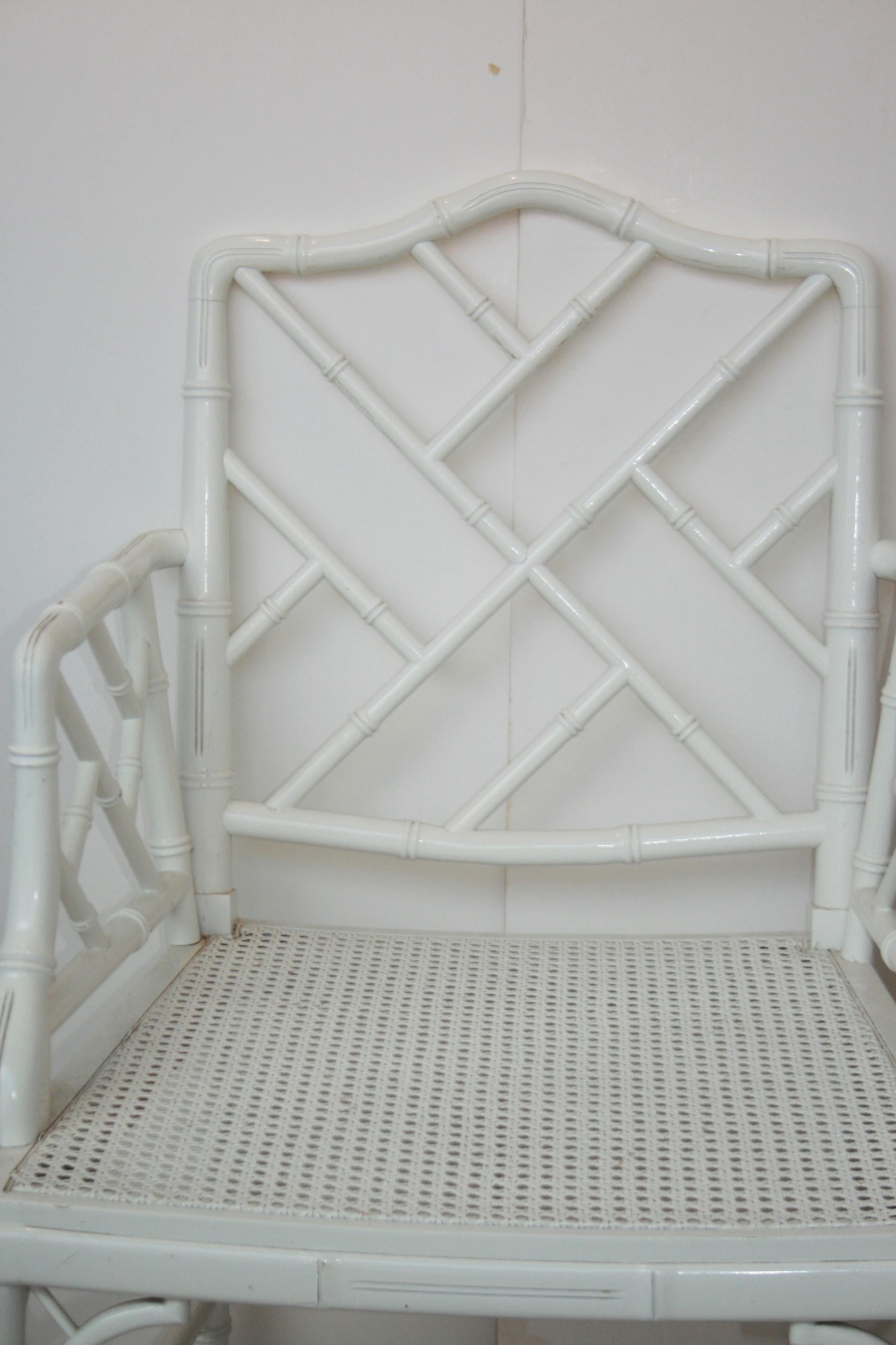 Faux Bamboo Chinese Chippendale Armchair  White Wood Lacquered 1970s 2
